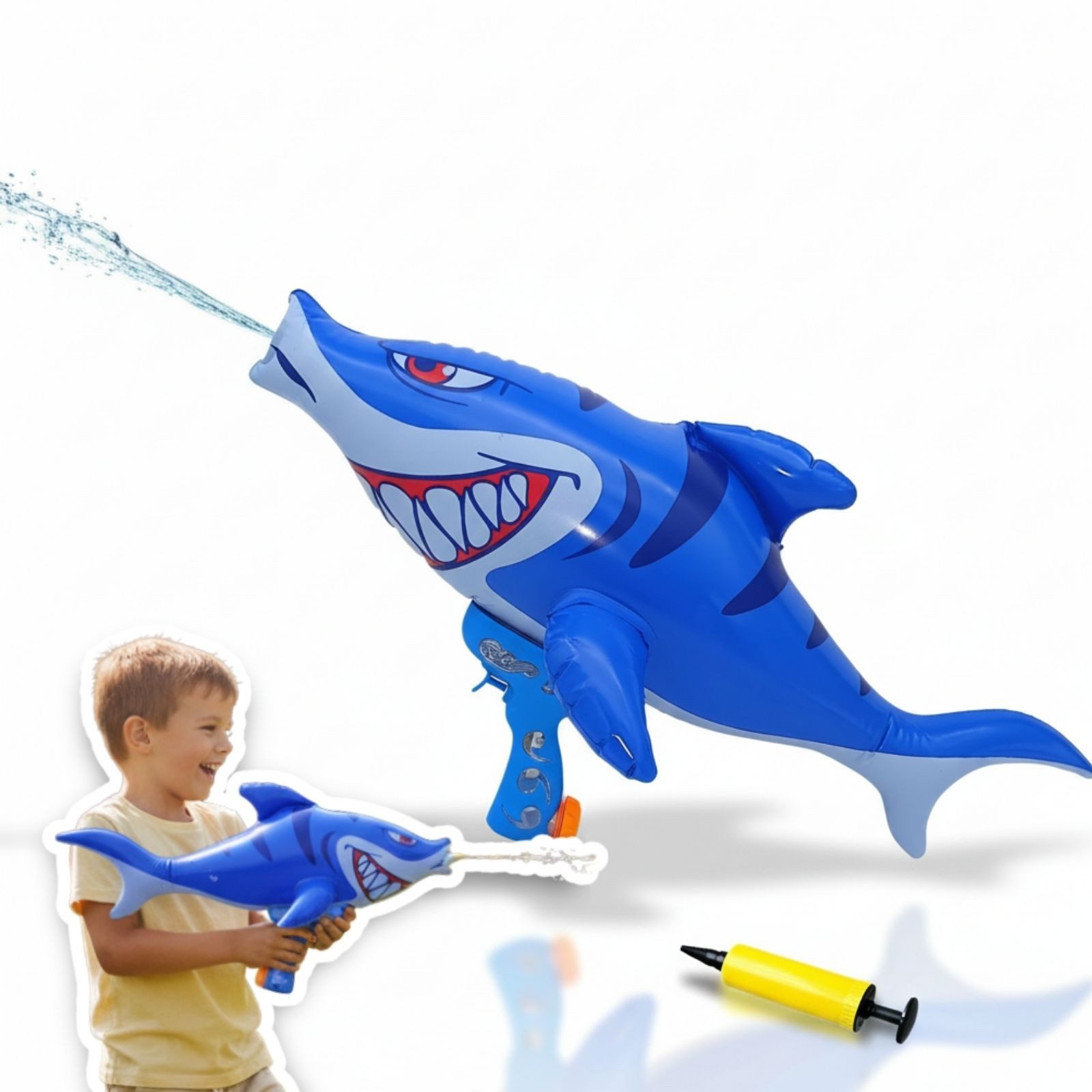 alldoro Wasserpistole Hai 70 cm groß, aufblasbare Wasserspritze für Kinder ab 3 Jahren, Aufblasbares Wasserspritztier inkl. Luftpumpe, für Garten & Pool