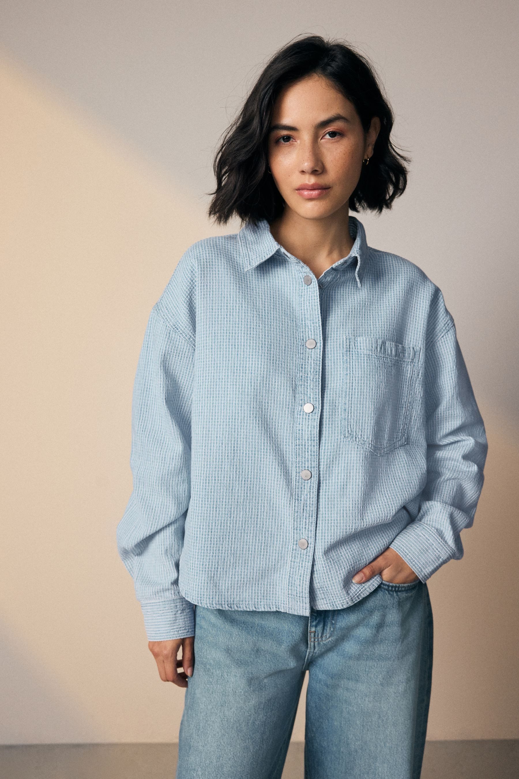 Next Jeanshemd Oversized Fit Jeansbluse, Kurzgröße (1-tlg)