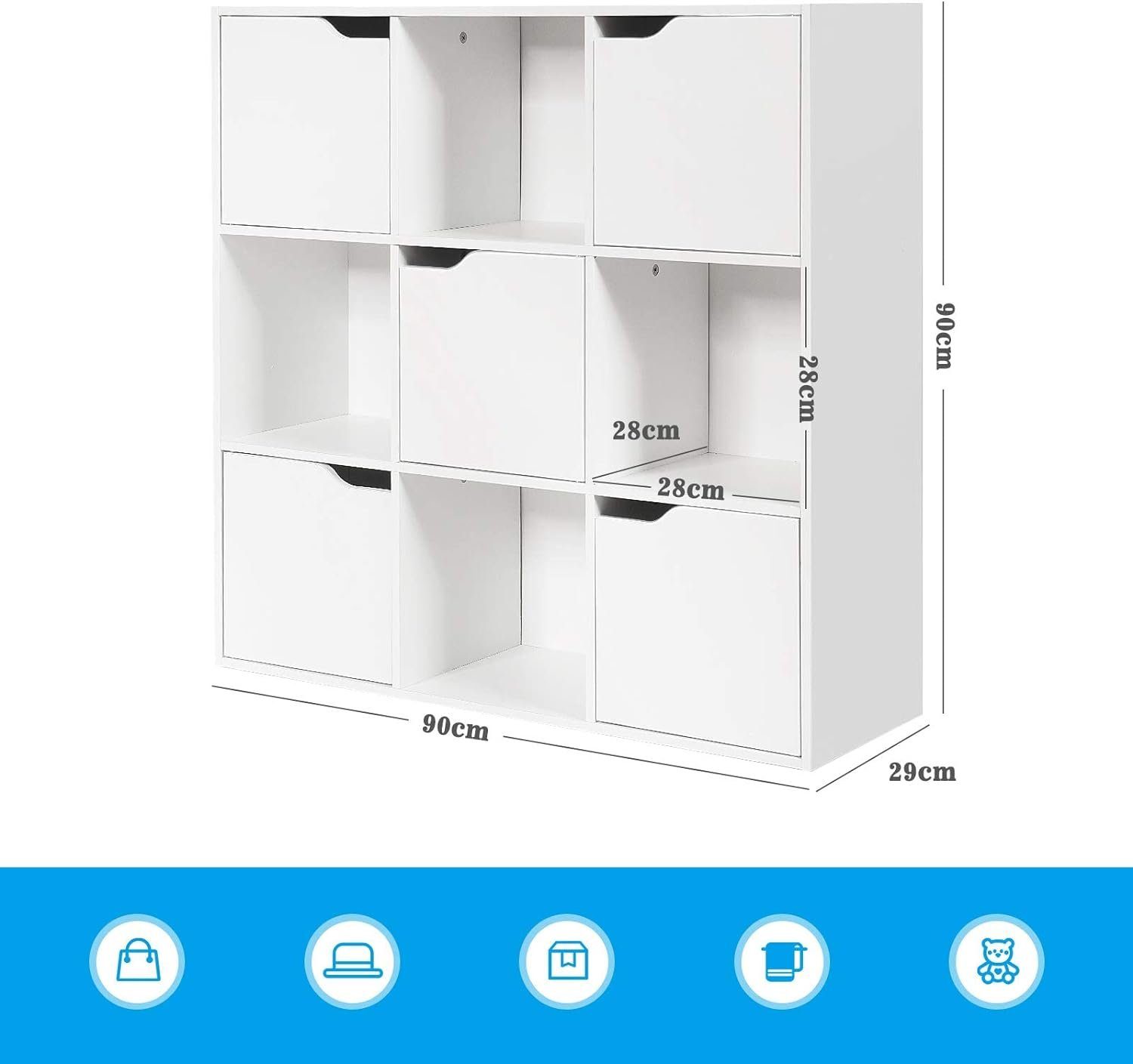 KOMFOTTEU Bücherregal Würfelregal mit 9 Fächern & 5 Türen, 90x29x90cm, weiß