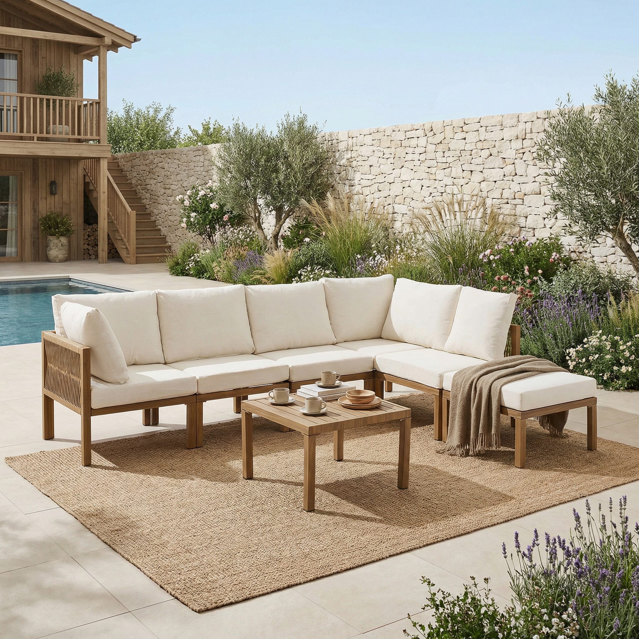 STILVORA Gartenlounge-Set Garten-Essgruppe Gartenmöbel-Set Garten-Loungesessel-Set, (Garten-Lounge Set, modulare Ecksofa Gruppe, Esstisch Set, 6-Sitzer, beige+Holzoptik, modular, inkl. Tisch & Ottoman), flexibel, wetterfest, stabil, handgeflochten, kombinierbar