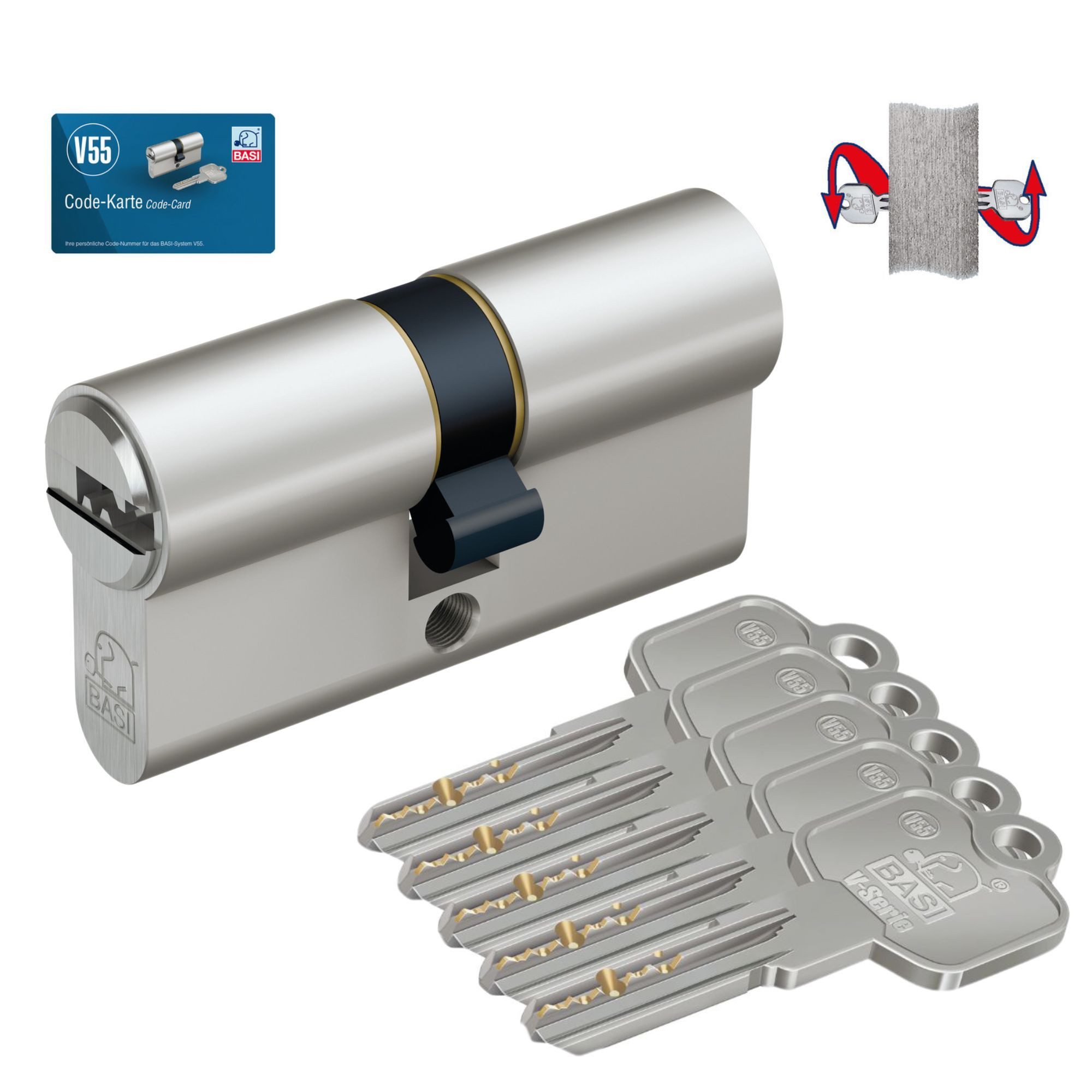 BASI Цилиндр замка V55, Gleichschließend, Длинаn frei kombinierbar, (Packung, 1-St), Doppelzylinder 50/50 mm, 6 Stiftzuhaltungen, 5 Schlüssel, Codekarte