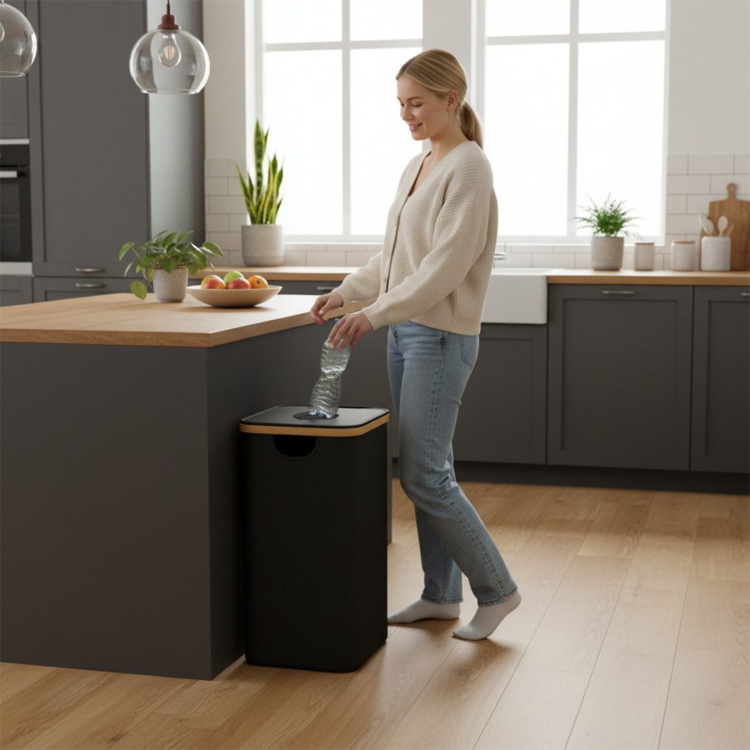 Bellamio Flaschensammler Tolt aus Stoff & Bambus (1 Fach, 100 L), Pfandflaschen Sammelbehälter mit Innenbeutel, Schwarz