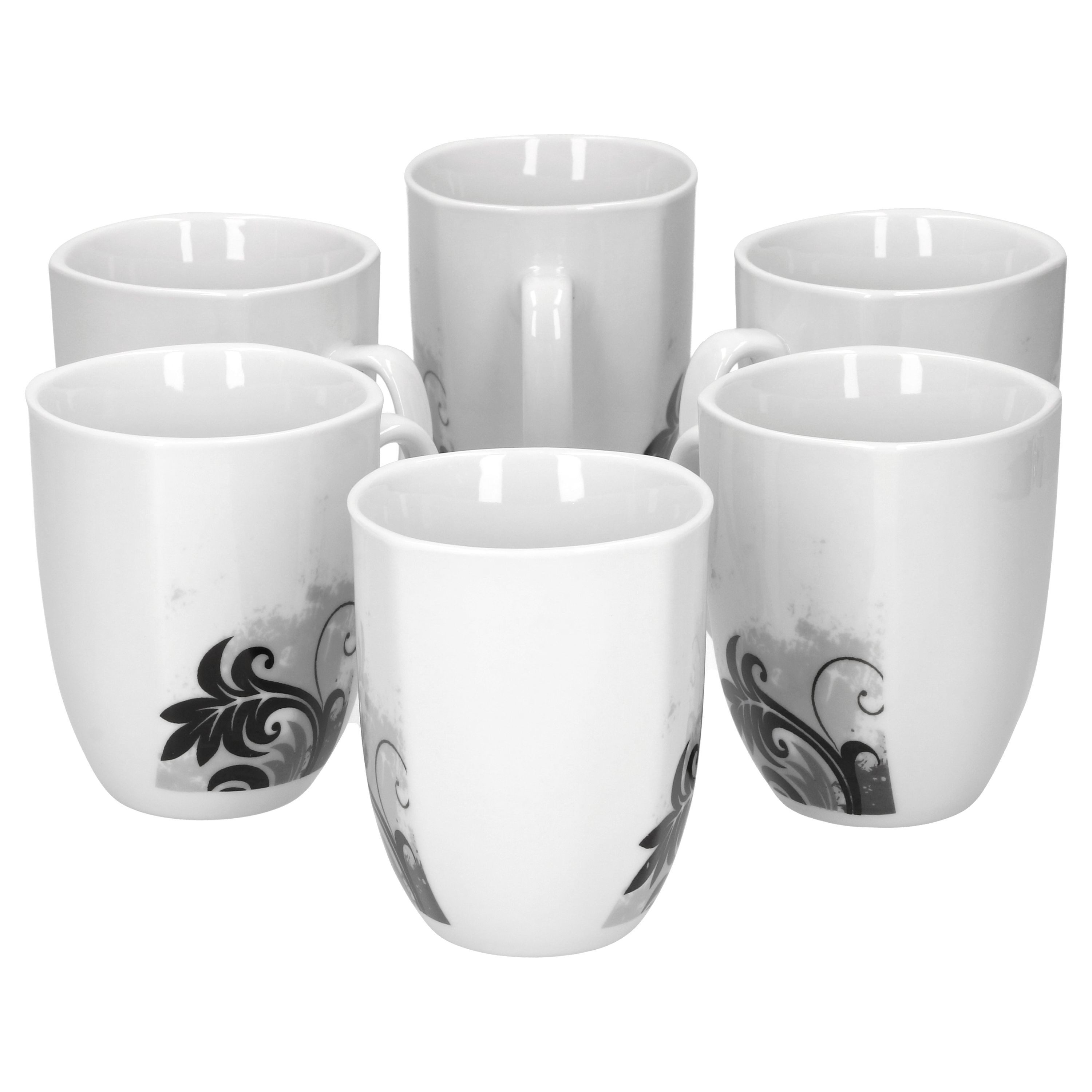 van Well Becher 6er Set Kaffeebecher Black Flower 33cl, Porzellan