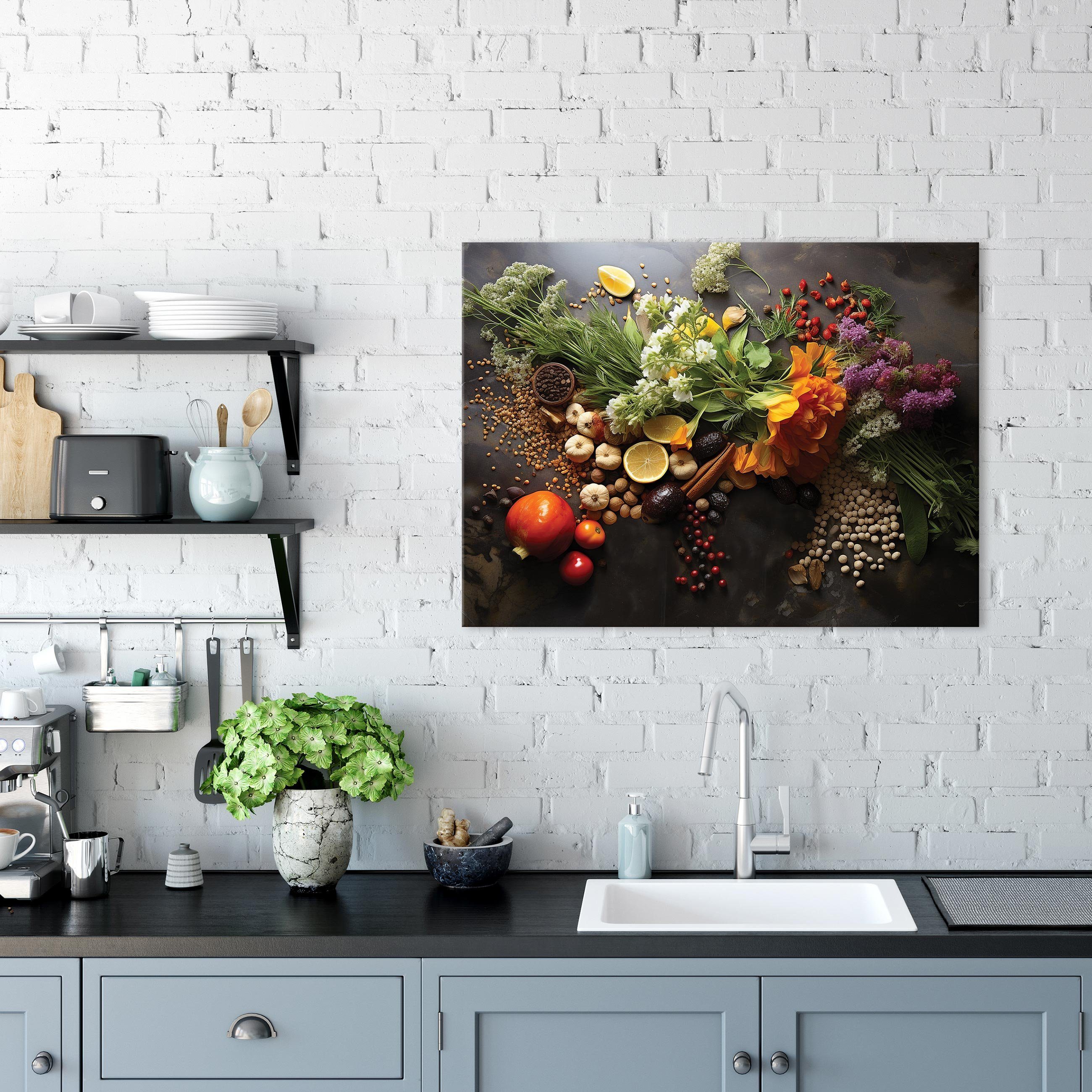 Leinwandbild Leinwandbild Aufhängefertig Obst 1 Küche Bild Kräuter Groß Gewürze Wandbild (Einteilig, Leinwandbilder Bilder XXL Leinwand Modern, Wallarena St), Gemüse