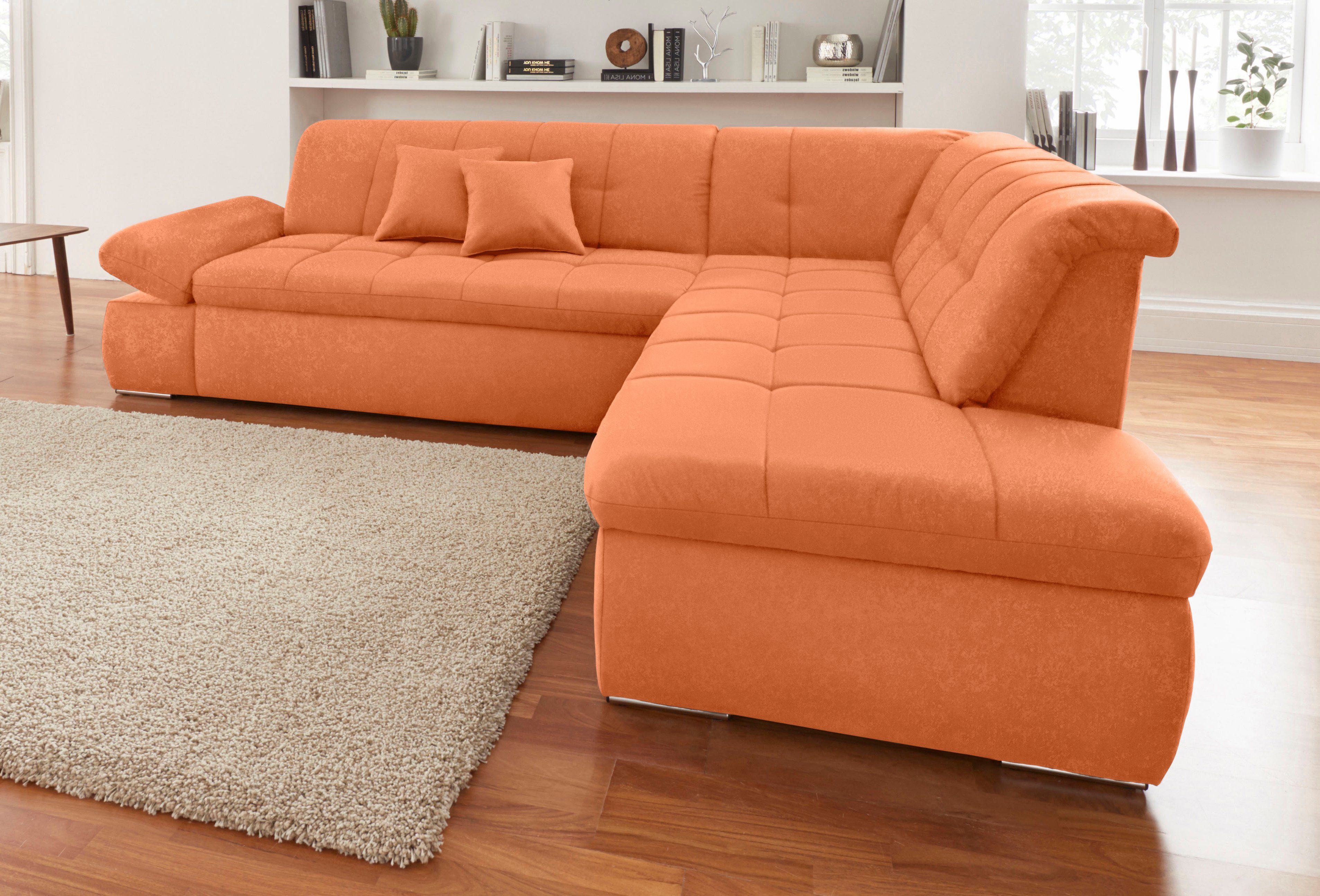 DOMO collection Ecksofa NMORIC inkl. Zierkissen 273x216x80 cm L-Form, Ottomanen-Abschluss, wahlweise mit Bettfunktion und Armlehnverstellung