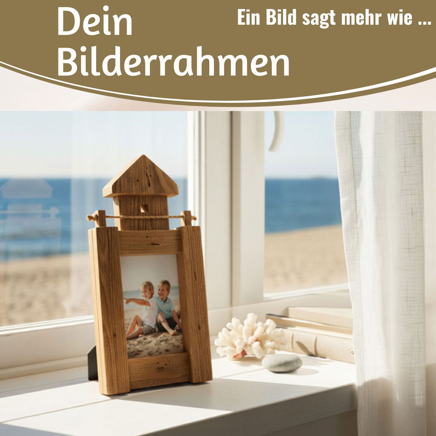 LS-LebenStil Bilderrahmen Maritim Holz 30cm Fotorahmen Leuchtturm 10x15cm Braun Aufsteller, für 1 Bilder (1 St), Fotorahmen Aufsteller, Portrait Quadratisch 9x9cm, Ideal für Hochzeitsfotos Babybilder Kinderfotos Tauffotos Portraits