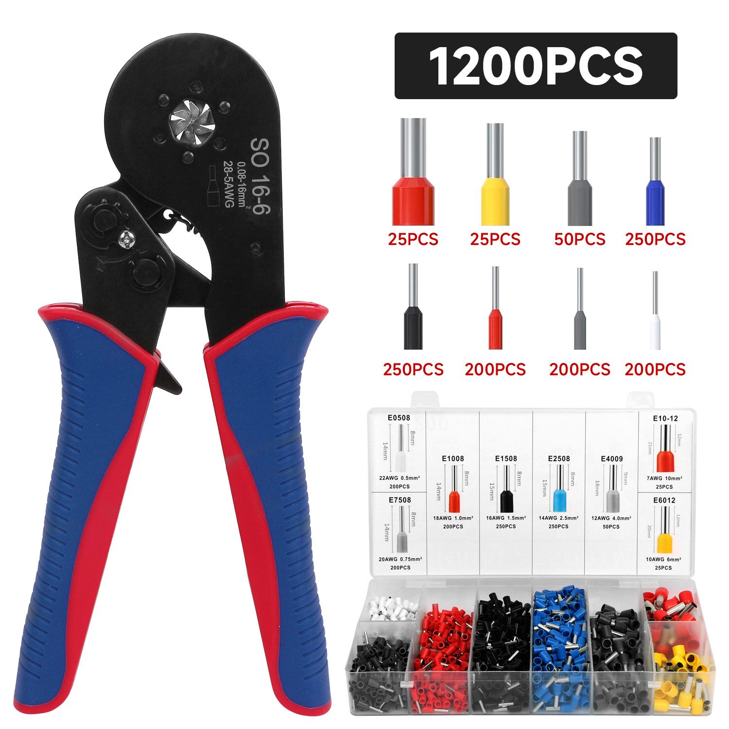 Crimpzange mit 1200tlg 0,08-16mm² Aderendhülsen Set Aderendhülsenzange Presszange