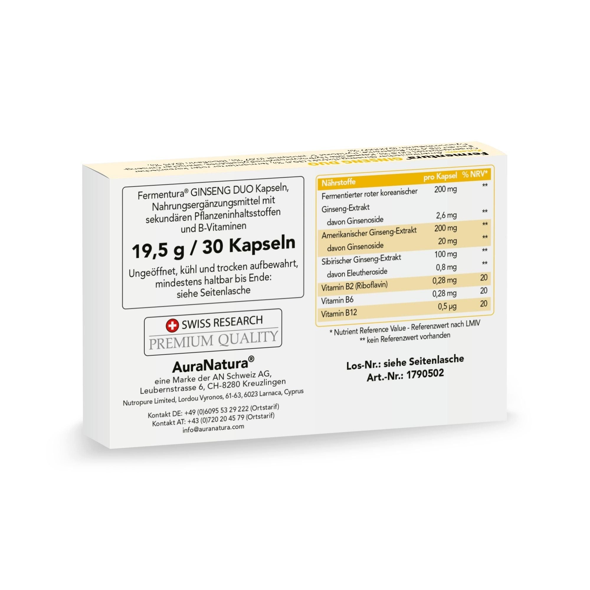 Aura Natura Fermentura® GINSENG DUO, Ginseng-Kapseln mit B-Vitaminen Kapseln, 1 er 30 St., Ginseng Kapseln mit B-Vitaminen