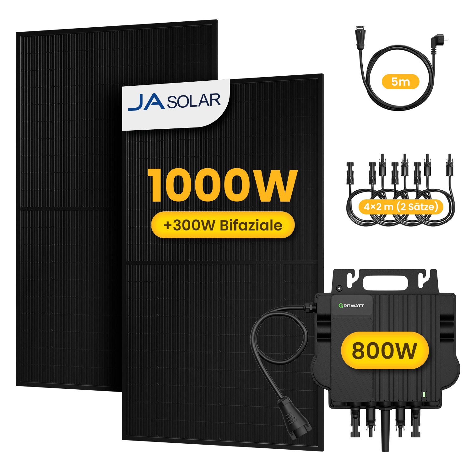 Growatt Balkonkraftwerk 1000W Solaranlage Solarmodule mit 800W Growatt Wechselrichter, (4 x 2m Solarpanel-Verlängerungskabel im Lieferumfang enthalten), Halterungen für Flachdach oder Balkon (optional)