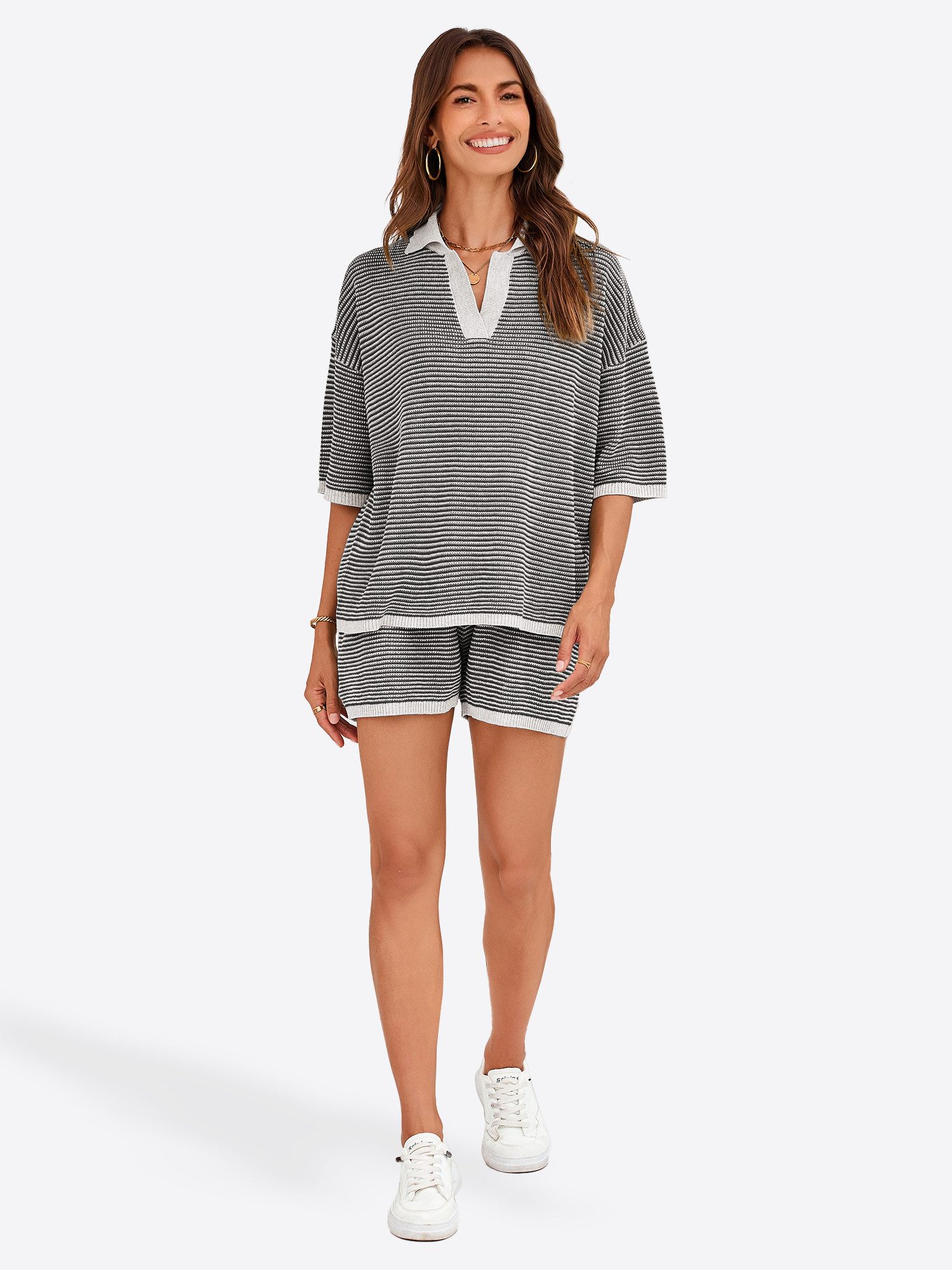 Imily Bela Hausanzug Damen 2-teiliges Pullover-Set (set, 2 tlg., Stricktops mit 3/4-Ärmeln +Shorts mit hohem Bund) V-Ausschnitt