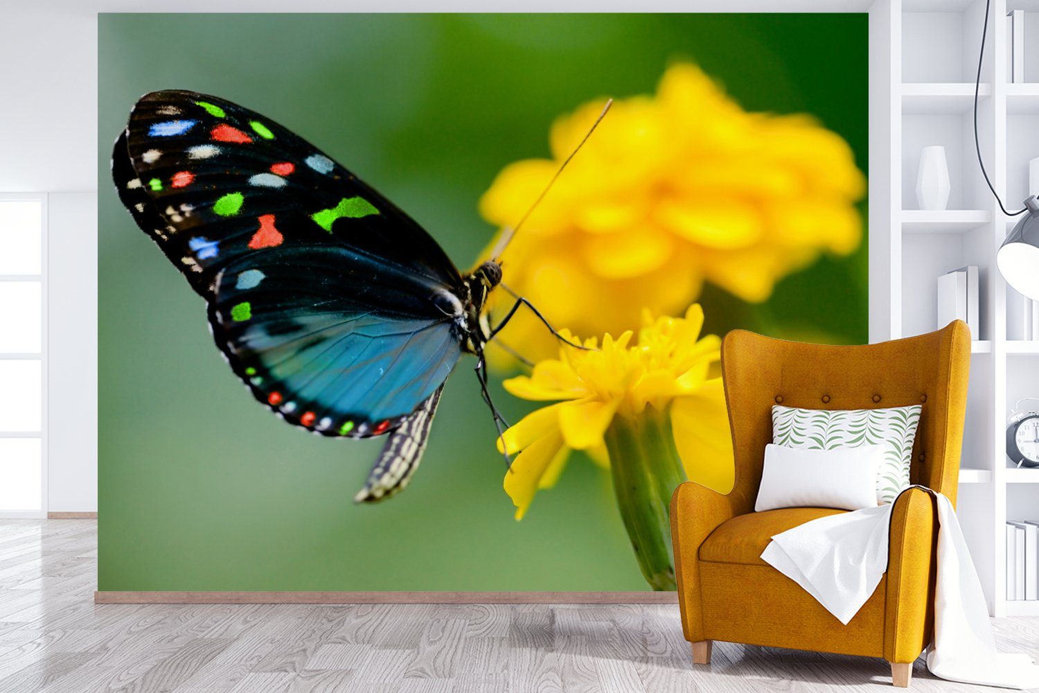 - Blume - Kinderzimmer, Wallpaper für Fototapete Insekt, (6 Schlafzimmer, MuchoWow St), Schmetterling Tapete Wohnzimmer, Vinyl Matt, Tier - bedruckt,