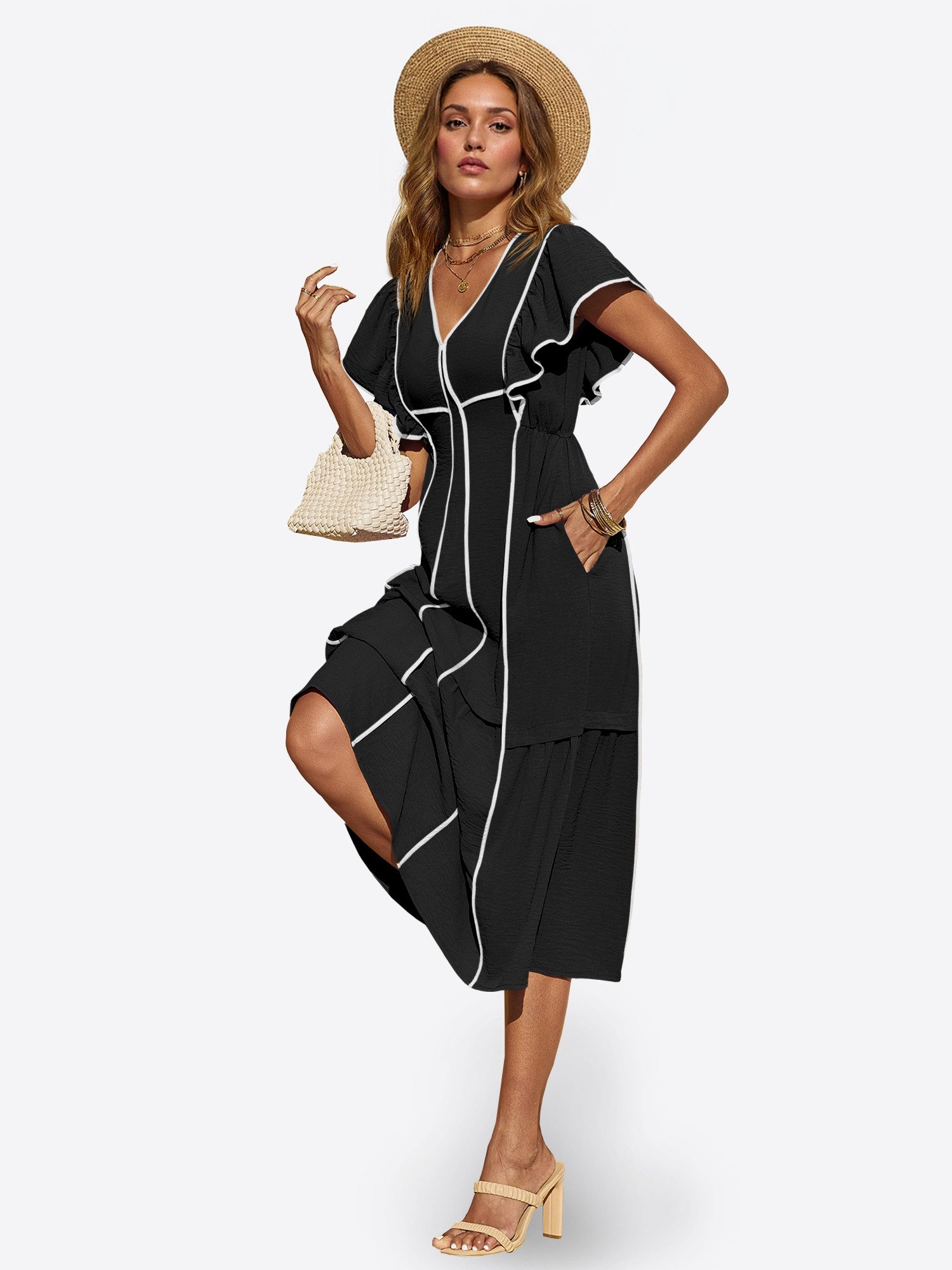 Imily Bela Maxikleid Damen Langkleid mit Rüschen im fließenden Stil (Packung, 1-tlg., 1per-Pack) kontrastfarben – Bild 4 von 5