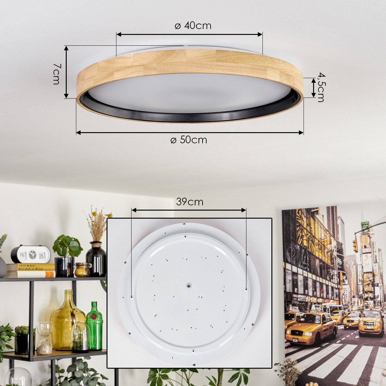hofstein Deckenleuchte dimmbare Deckenleuchte aus Holz/Metall/Kunststoff in Natur/Weiß, LED wechselbar, 2700-6500 Kelvin, dimmbar über Fernbedienung, LED, (50cm – Bild 4 von 5