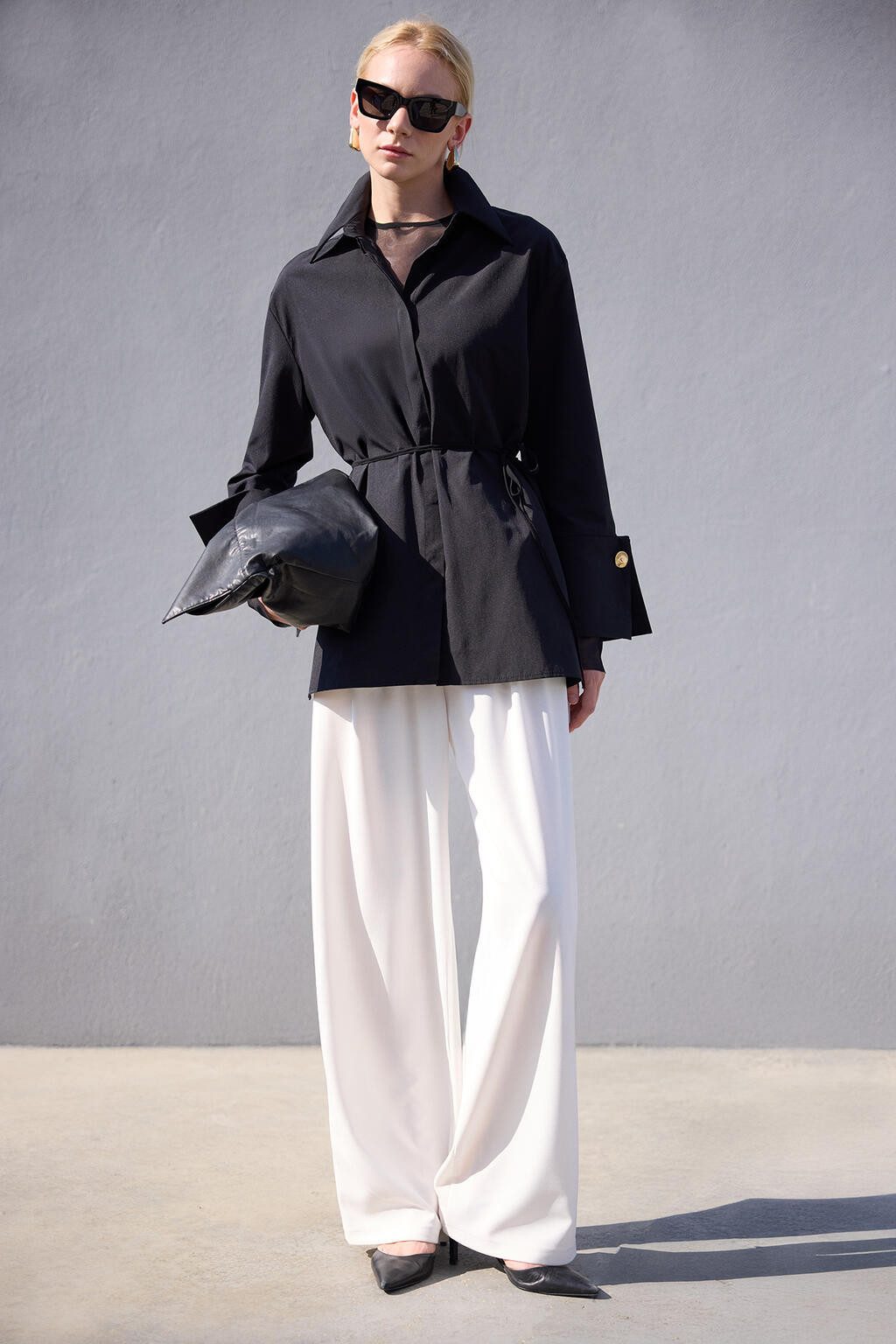 Hemdbluse Poplin Shirt mit Weiten Manschetten, Schwarz