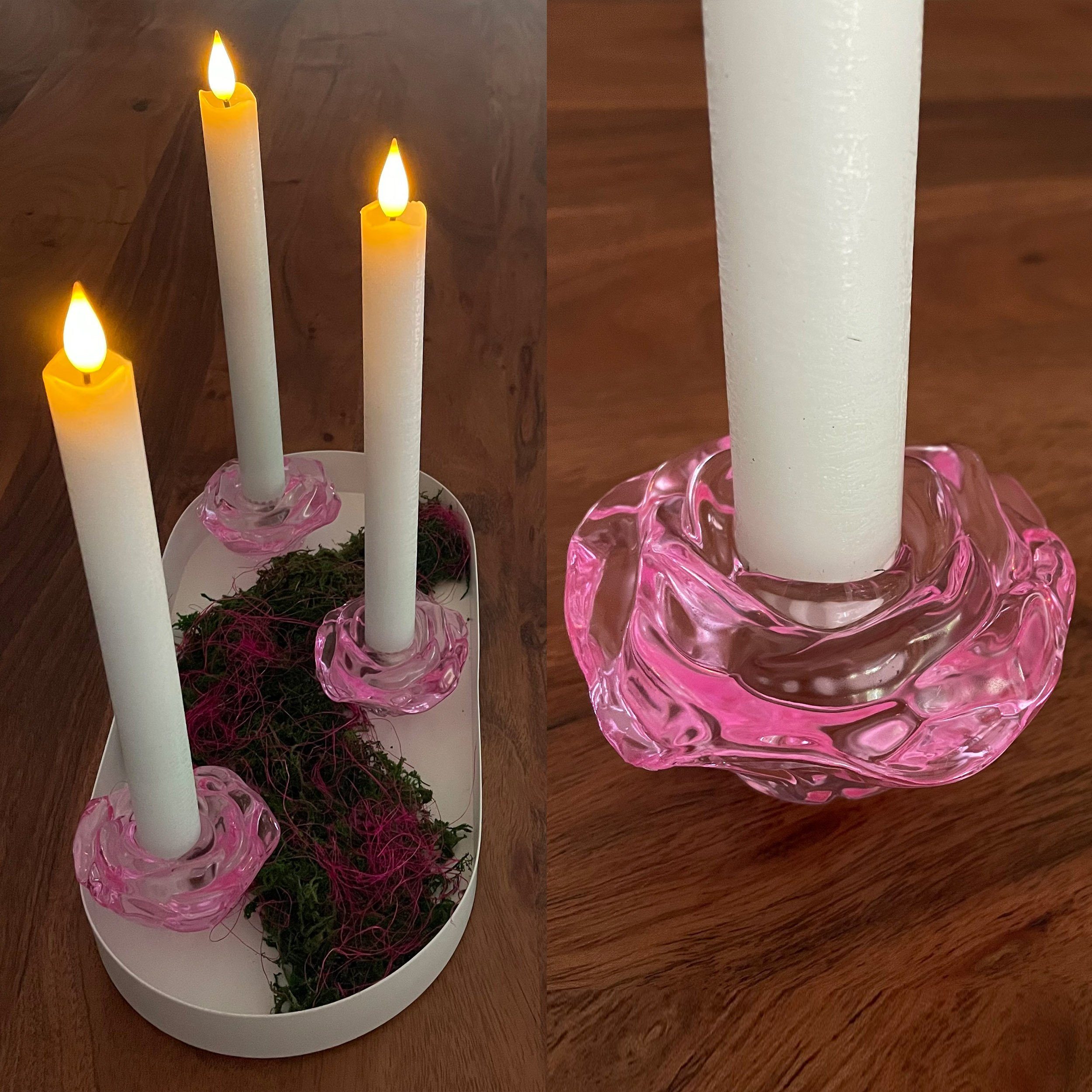 Online-Fuchs Kerzenständer 5er Set Kerzenhalter für Stabkerzen als Rosenblüten Rosen-Design ROSA, Maße: 7x7x8 cm, aus Glas, für Tafelkerzen mit 2,1 cm Durchmesser