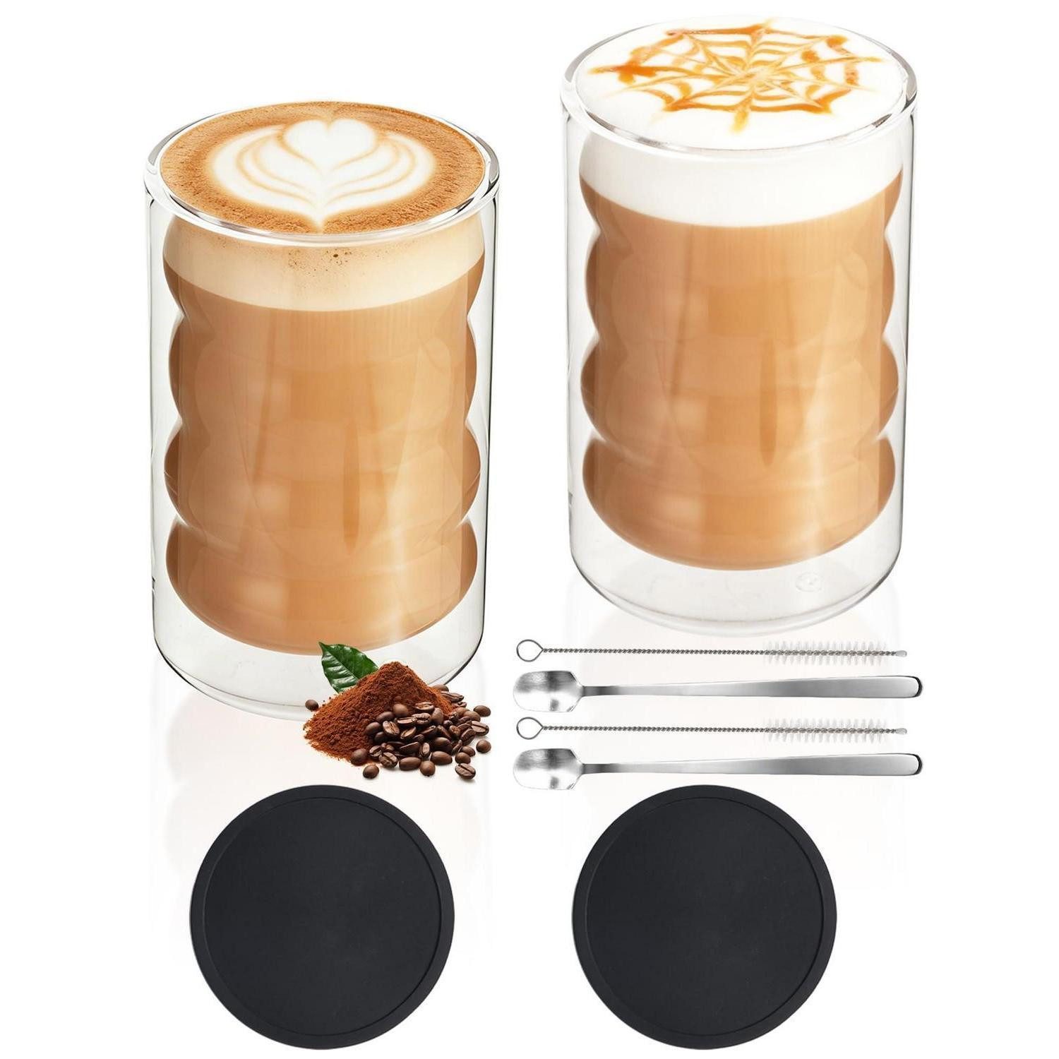 LuxusKollektion Latte-Macchiato-Glas Kaffeegläser 2er Set 350ml Doppelwandig Wellendesign, Glas