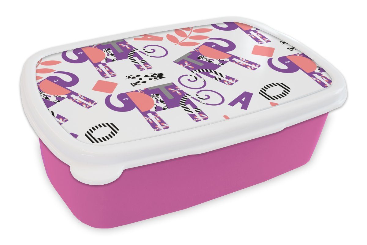 MuchoWow Lunchbox Elefanten - Blätter - Lila - Muster, Kunststoff, (2-tlg), Brotbox für Erwachsene, Brotdose Kinder, Snackbox, Mädchen, Kunststoff rosa