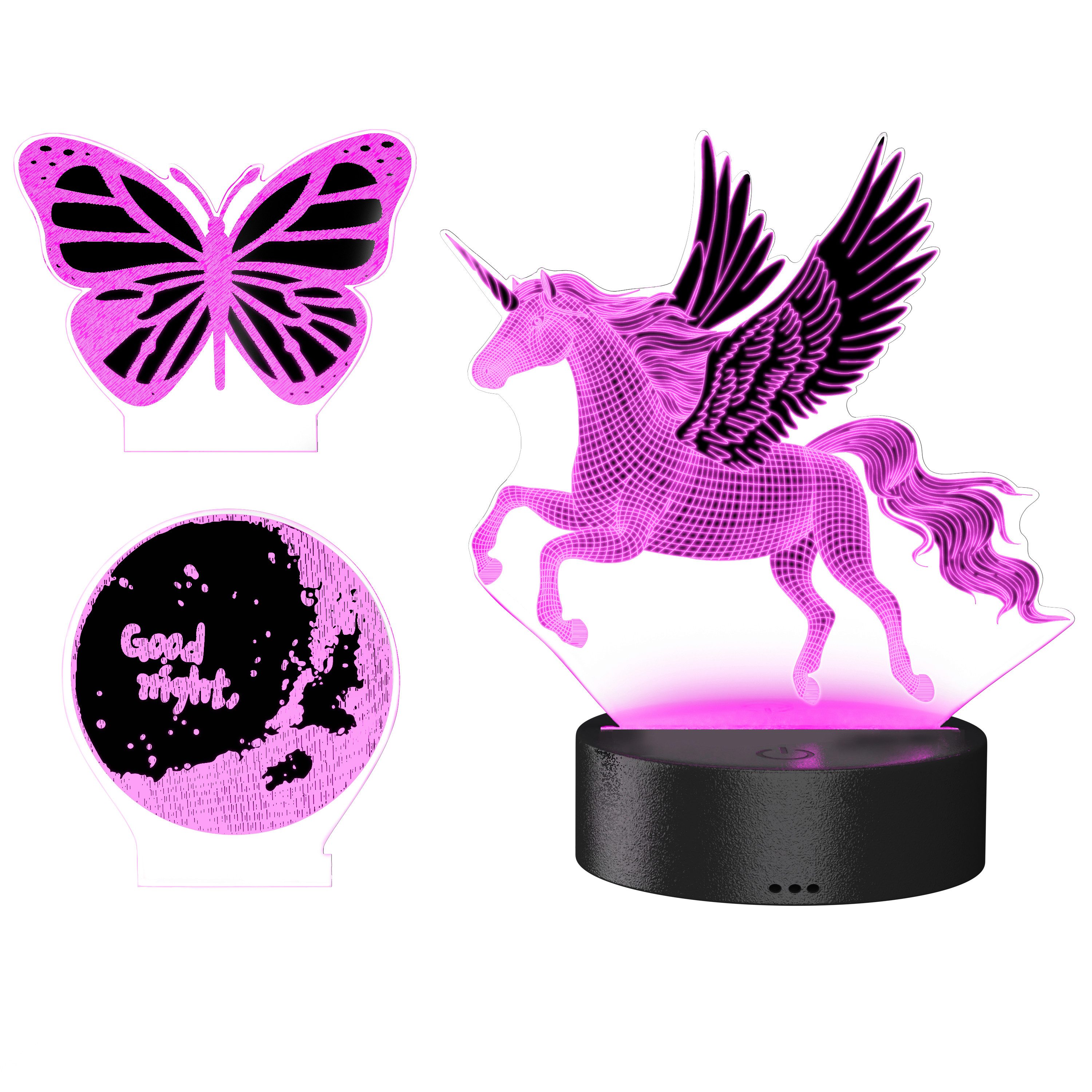 MyBeo LED Nachtlicht 3D Effekt Tischlampe für Kinder, Jungs & Mädchen, Nachtleuchte dimmbar, Dimmfunktion, Farbwechsel, mehrere Helligkeitsstufen, Nachtlichtfunktion, mit LED, Einschlafhilfe, mit Fernbedienung, LED fest verbaut, Farbwechsler, 3 Motive Einhorn, Schmetterling & Mond, Farbwechsel, Fernbedienung