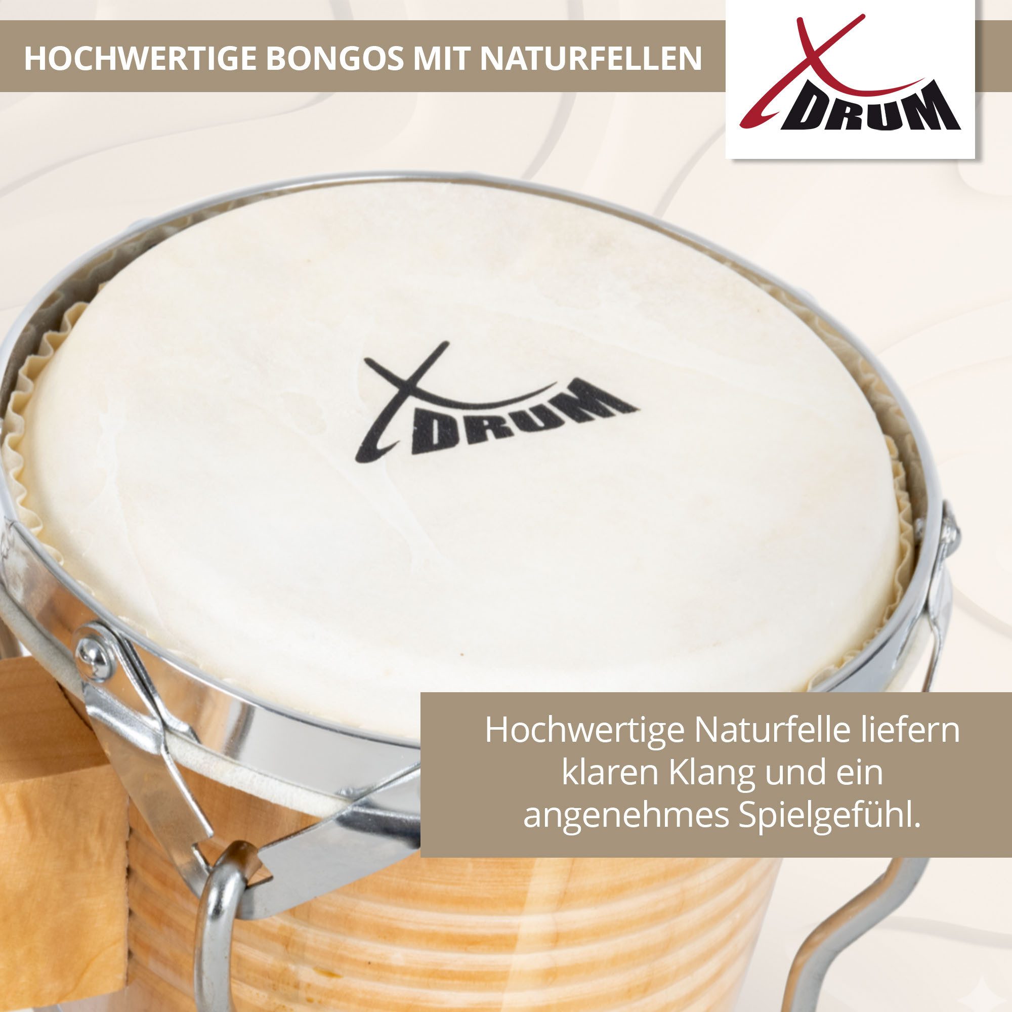 XDrum Bongo Pro - 6,5" Macho und 7,5" Hembra,Spar-Set, inkl. Ständer, mit stimmbaren Naturfellen - Holz: Birke