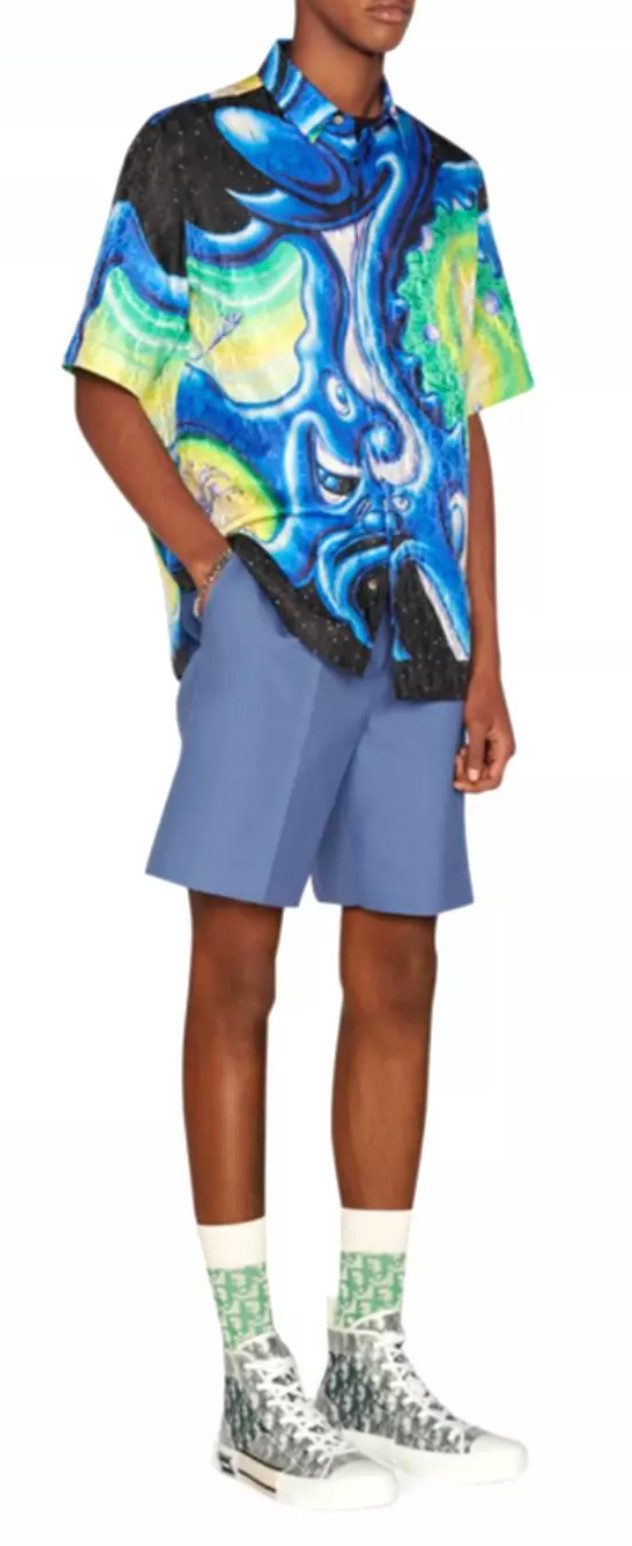 Dior Kurzarmhemd Homme Kenny Scharf Seiden Hemd mit Oblique-Muster Perlmuttknöpfe mit Dior-Signatur