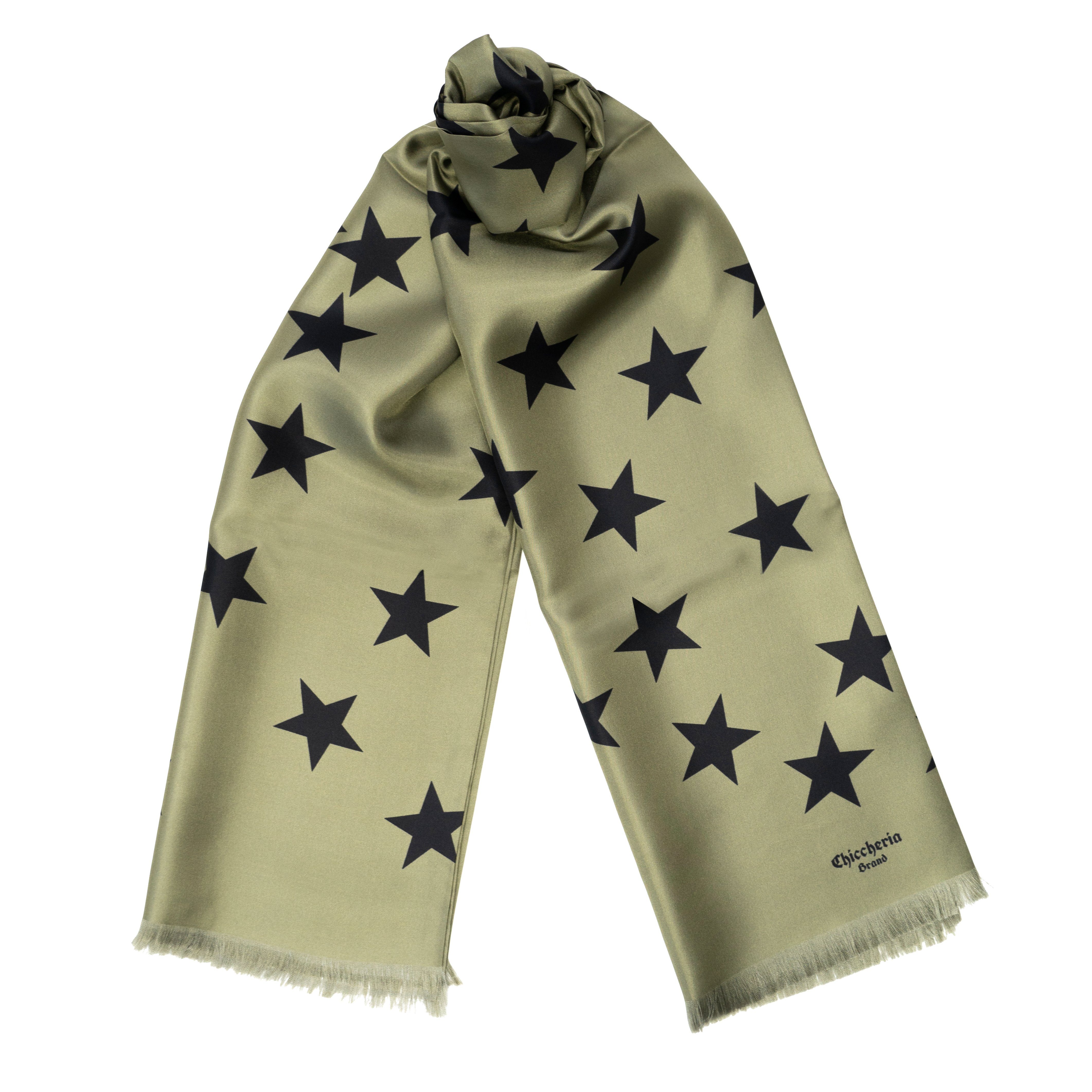 Italy Chiccheria in Seidenschal STARS, Made Oliv-Schwarz Brand