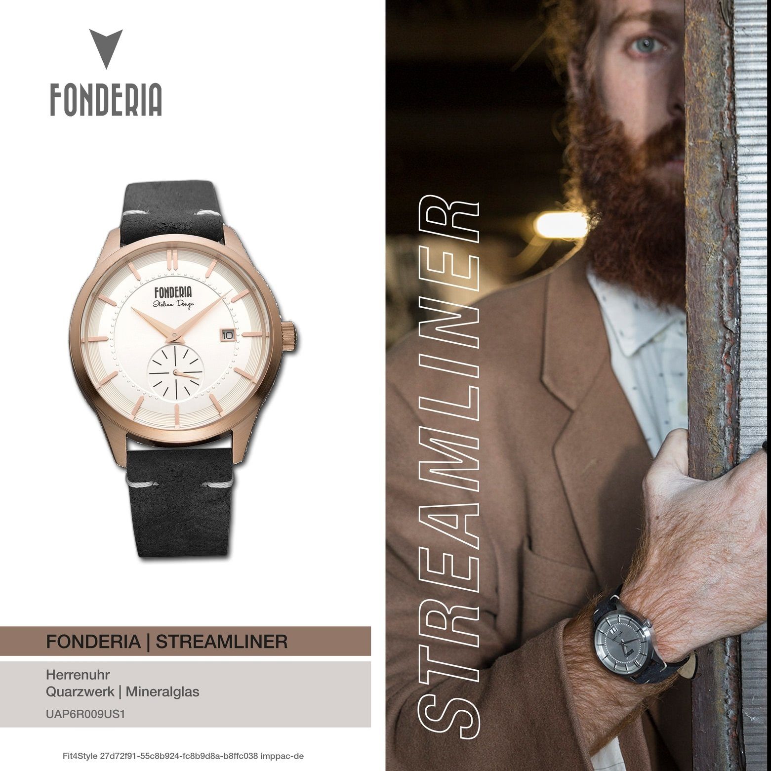 Fonderia Quarzuhr Uhr Herren Leder, P-6R009US1 Herren (ca. groß Lederarmband rund, 41mm), Fonderia Armbanduhr schwarz
