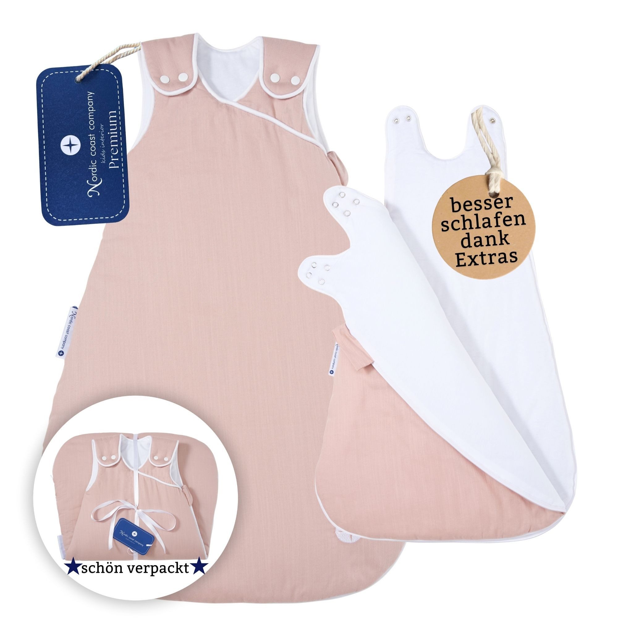 Nordic Coast Company Babyschlafsack Ganzjahresschlafsack Mitwachsend 100% Baumwolle Kuschelig weich, Baby-Schlafsack mitwachsend atmungsaktiv I Kinderschlafsack I Rosa