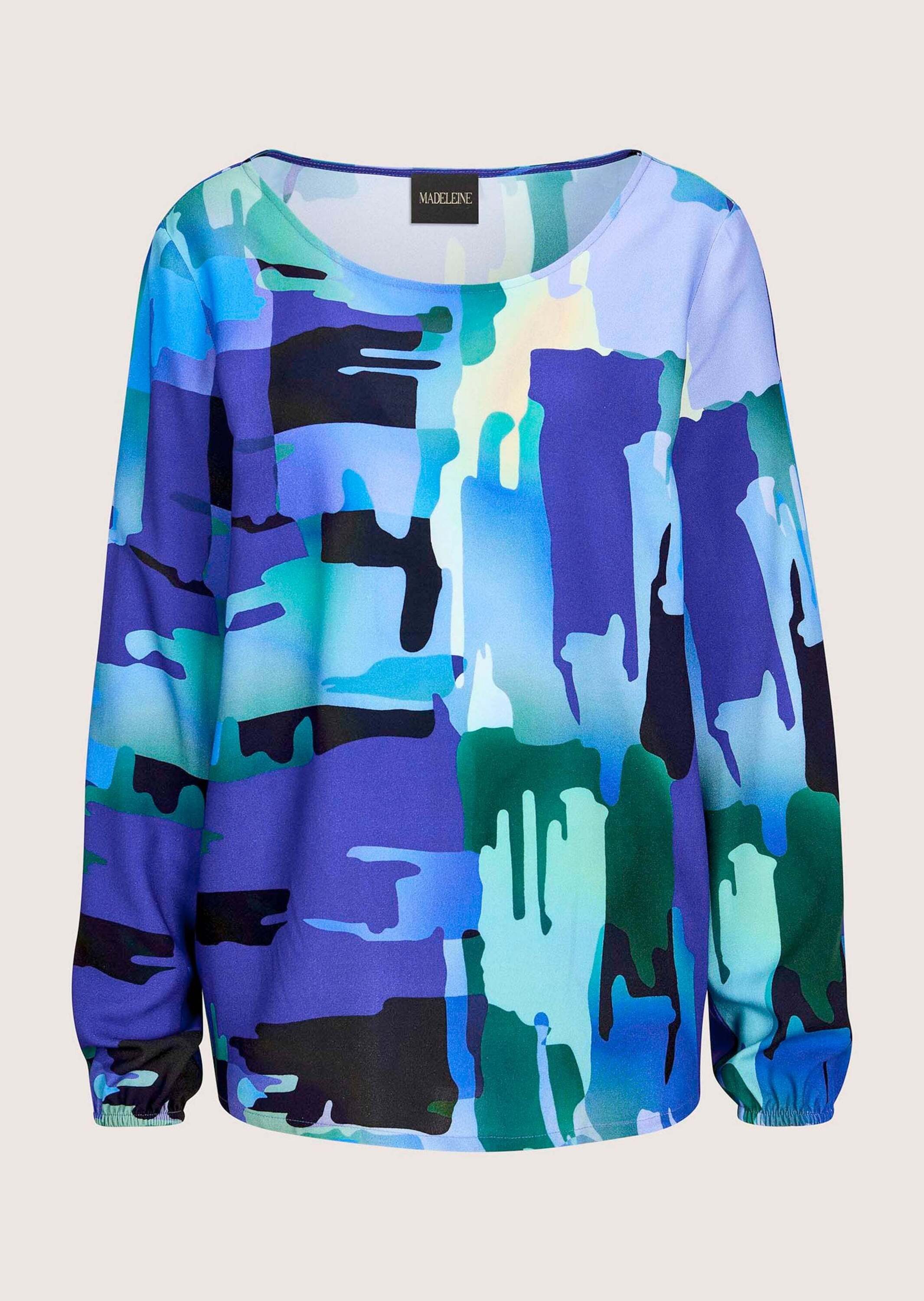 MADELEINE Schlupfbluse Stilvolle Viskosebluse mit Grafik-Print Freizeitbluse mit Rundhals, Gummibündchen und Langarm