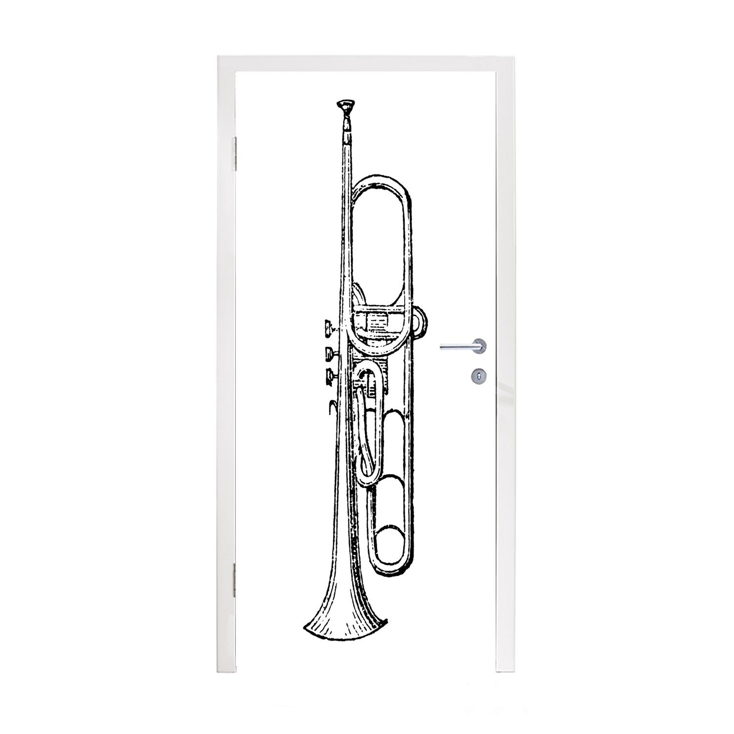 MuchoWow Türtapete Türaufkleber, Hintergrund, Trompete (1 bedruckt, für weißem Fototapete St), Tür, 75x205 cm einer auf Schwarz-weiße Illustration Matt