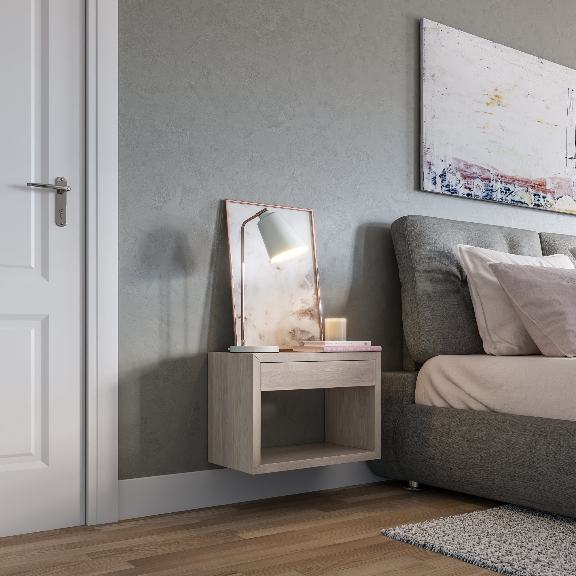 Woodek Design Nachttisch HUGO, breite und schwebende Nachtschränke aus Massivholz (Ablagetische aus weißer Buche, 2-St., funktionale Wandregale), hängende Nachtkonsolen mit Schublade und Ablage