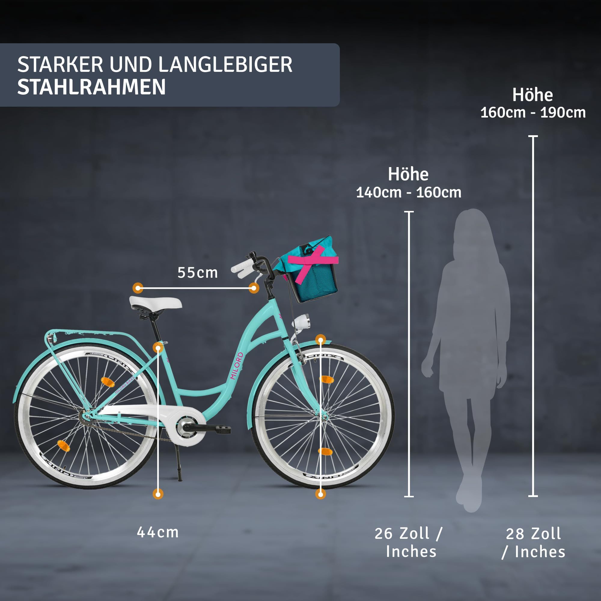 Milord Cityrad Milord City Fahrrad Korb Retro Damenfahrrad, 28/26 Zoll, Blau, 1-Gang, 1 Gang, (Fahrradständer, Gepäckträger, Klingel, Korb, Kotflügel)