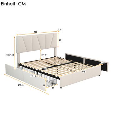 DOPWii Bett Double Size Polster Plattform Bett mit vier Schubladen auf zwei Seiten, Polsterbett,Stauraumbett,Verstellbares Kopfteil,Beige(140*200cm)