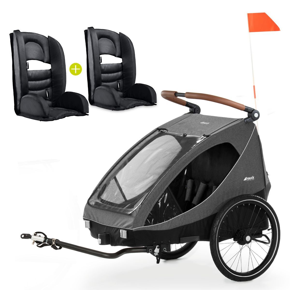 Hauck Fahrradkinderanhänger Dryk Duo Set - Melange Grey, 2in1 Fahrradanhänger Buggy für 2 Kinder bis 44 kg inkl. 2 Sitzpolster