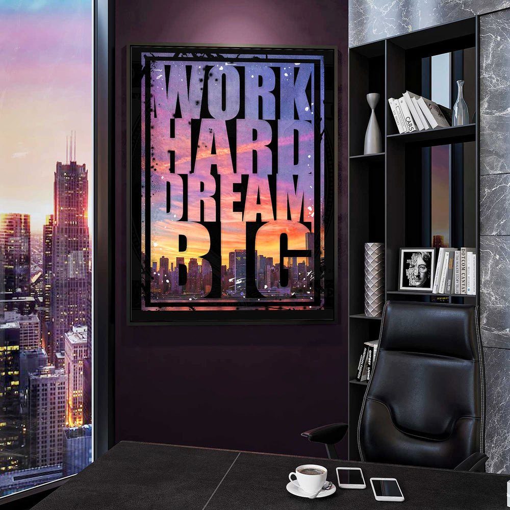 Rahmen Premium Leinwandbild, Motivationsbi DOTCOMCANVAS® Work Leinwandbild schwarzer - - Skyline - Hard Big Dream