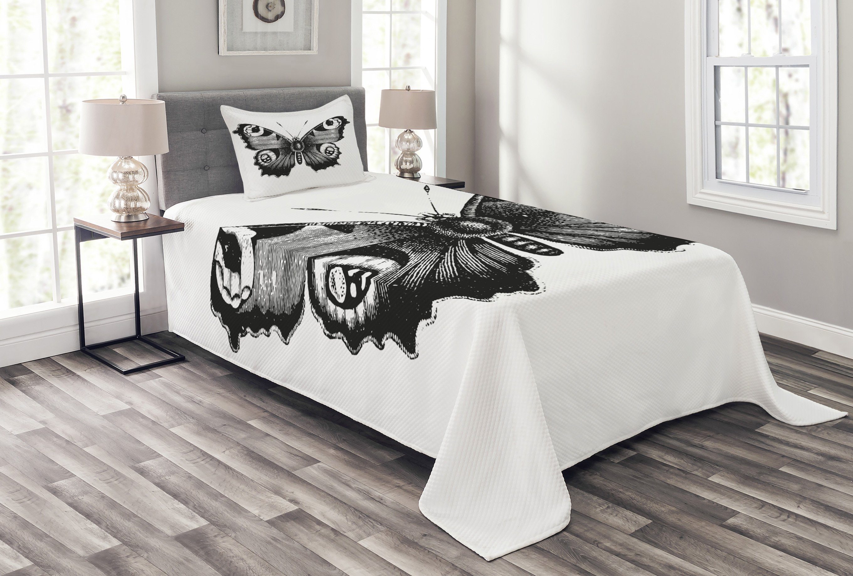 Tagesdecke Set Schmetterlings-Kunst Schwarz Abakuhaus, mit weiß und Kissenbezügen Waschbar