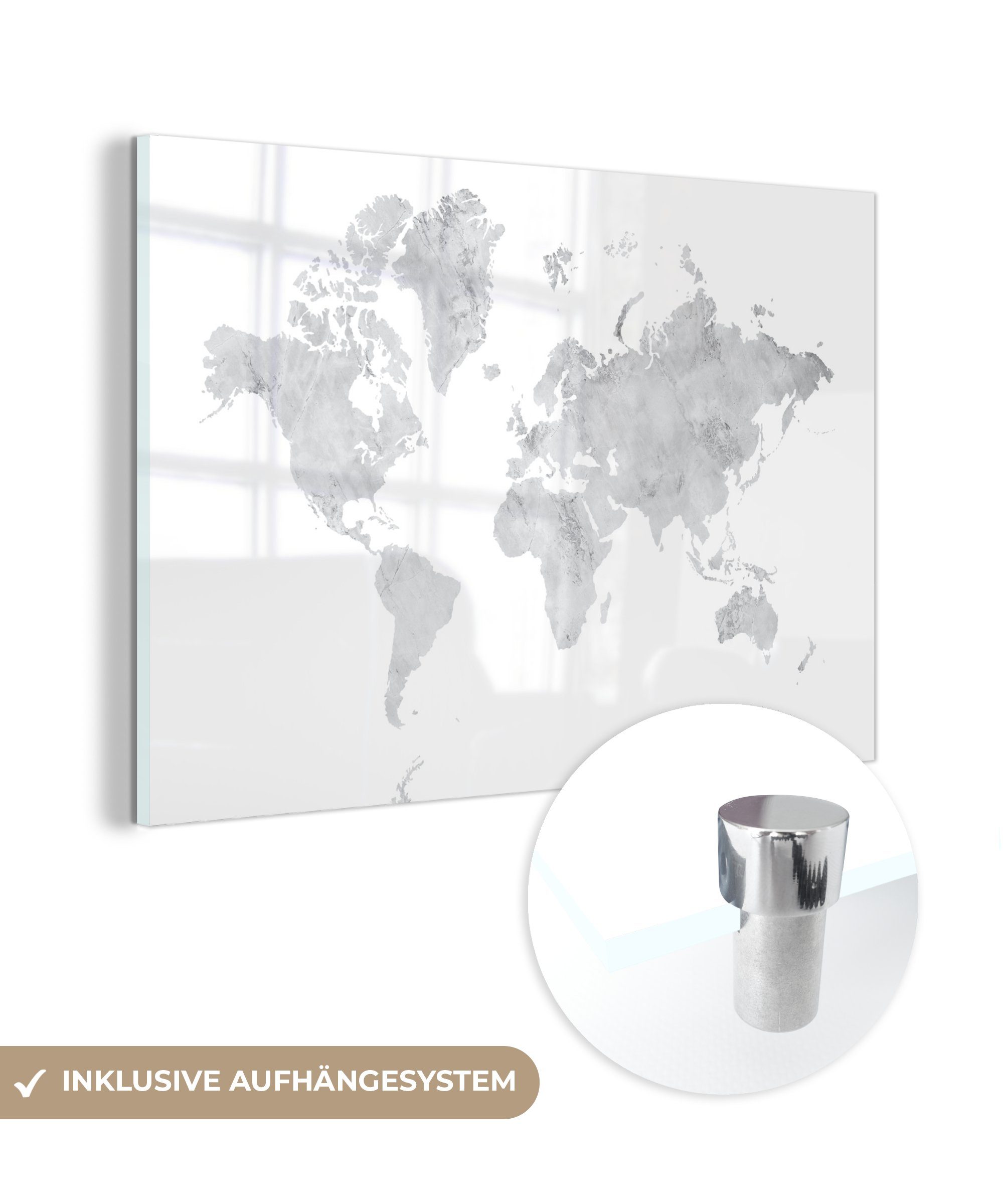 (1 auf MuchoWow St), Wandbild Glas Acrylglasbild Weltkarte - - Wanddekoration - auf - Foto Bilder Glasbilder Glas Marmor, - Grau