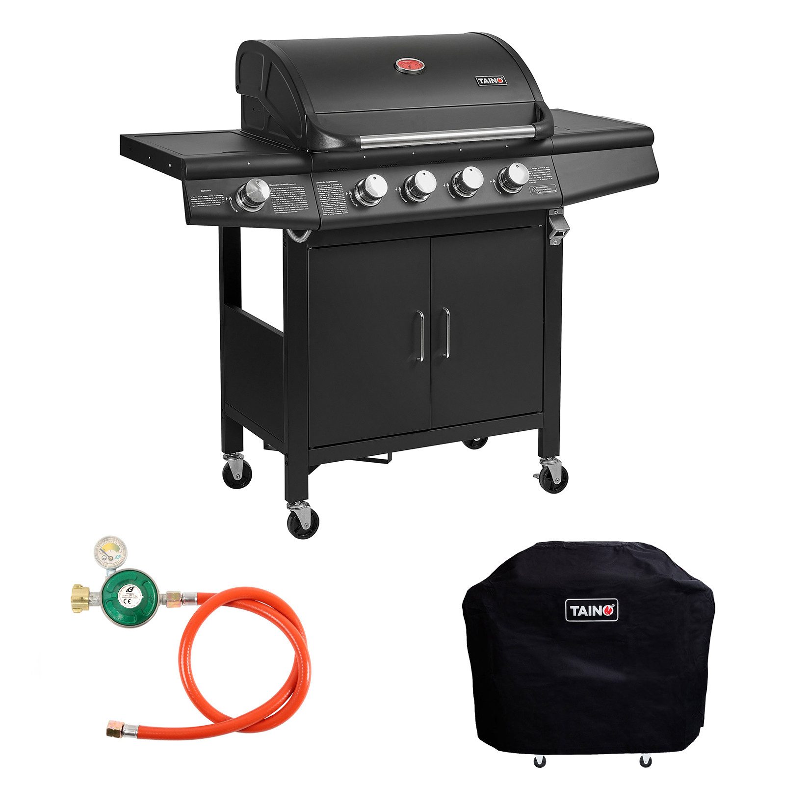 TAINO Gasgrill RED 4 +1, Gasgrill inkl. Abdeckhaube und Gasdruckminderer mit Schlauch, Standgrill, Edelstahl-Brenner, Gas-Flaschenhalter