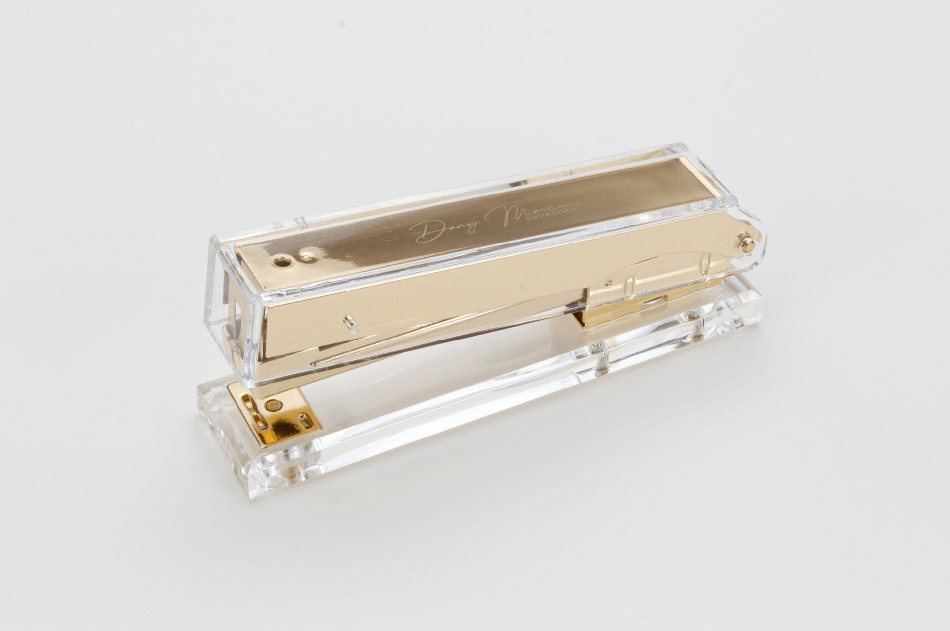 Dany Marcus Set nietmachine nietjesverwijderaar, transparant acryl met metaal in goud, nietmachine voor nietjes 24/6, nietjes 25 vellen
