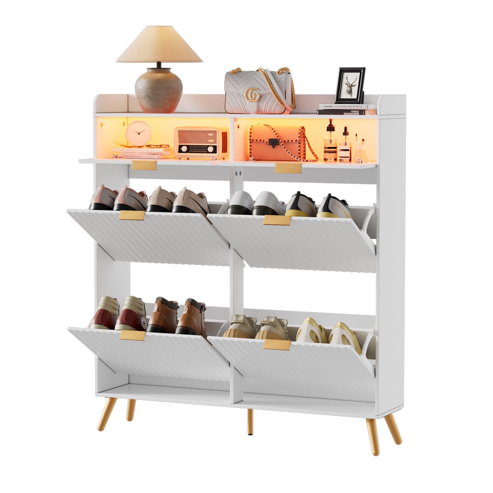 TWSOUL Schuhschrank LED-Schuhschrank,Schuhschrank mit 4 Klappen, Glasplatte,Weiß 117*106*24cm,Weiß
