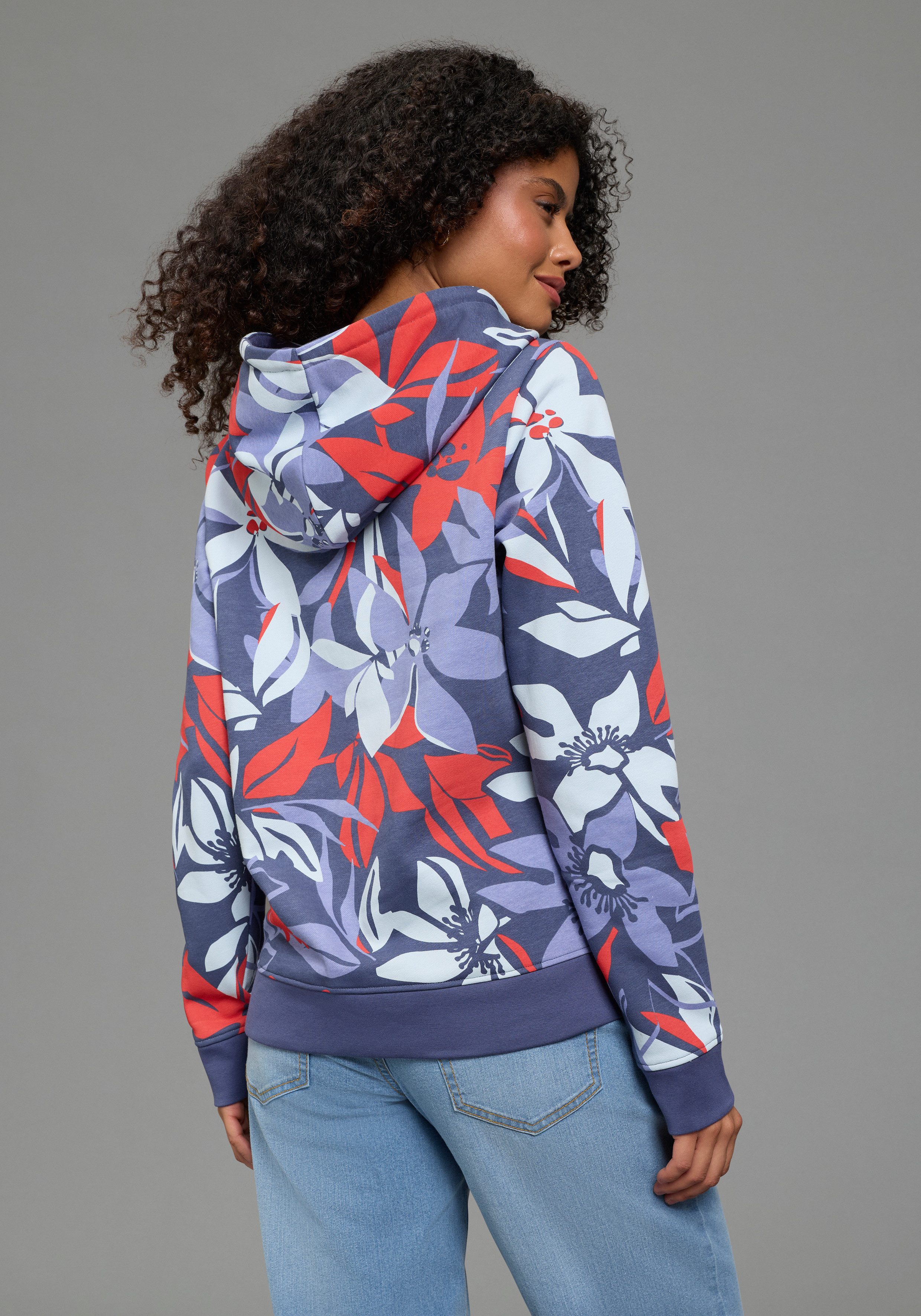 Laura Scott Sweater Pflegeleichte Baumwollmischung mit Kapuze und Blumendru günstig online kaufen