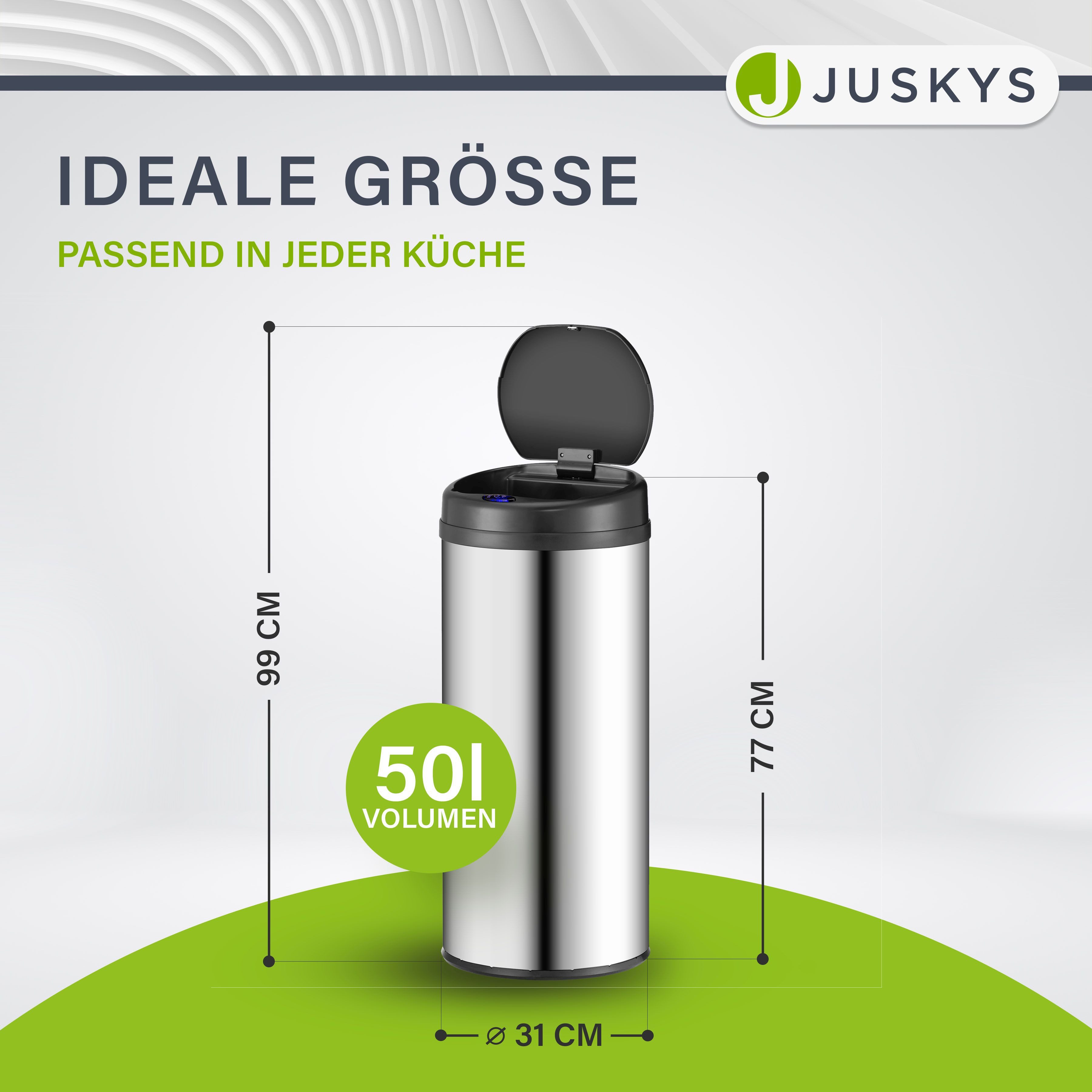 Juskys Mülleimer, 50 L Volumen, mit Sensor, geräuscharmes Öffnen / Schließen, rostfrei