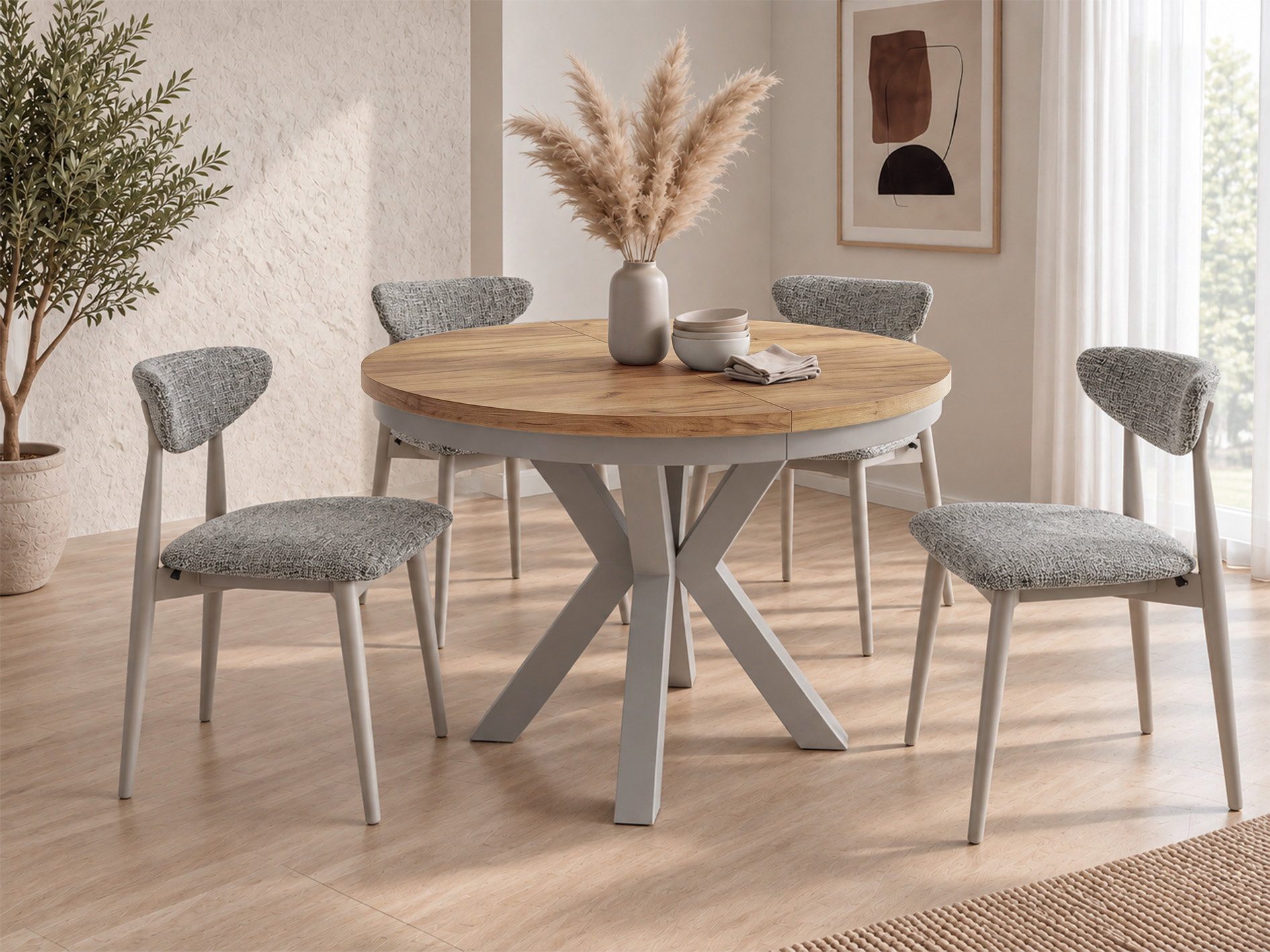WFL GROUP Esstisch Clara Grau-Beige Loft rund ausziehbar mit Grau-Beige Metallbeinen (MADE IN EU, erhältlich in zwei Größen – 100/120 cm, ausziehbar auf 180/200 cm), platzsparender Industrial Tisch in Holzoptik für Wohnzimmer oder Küche