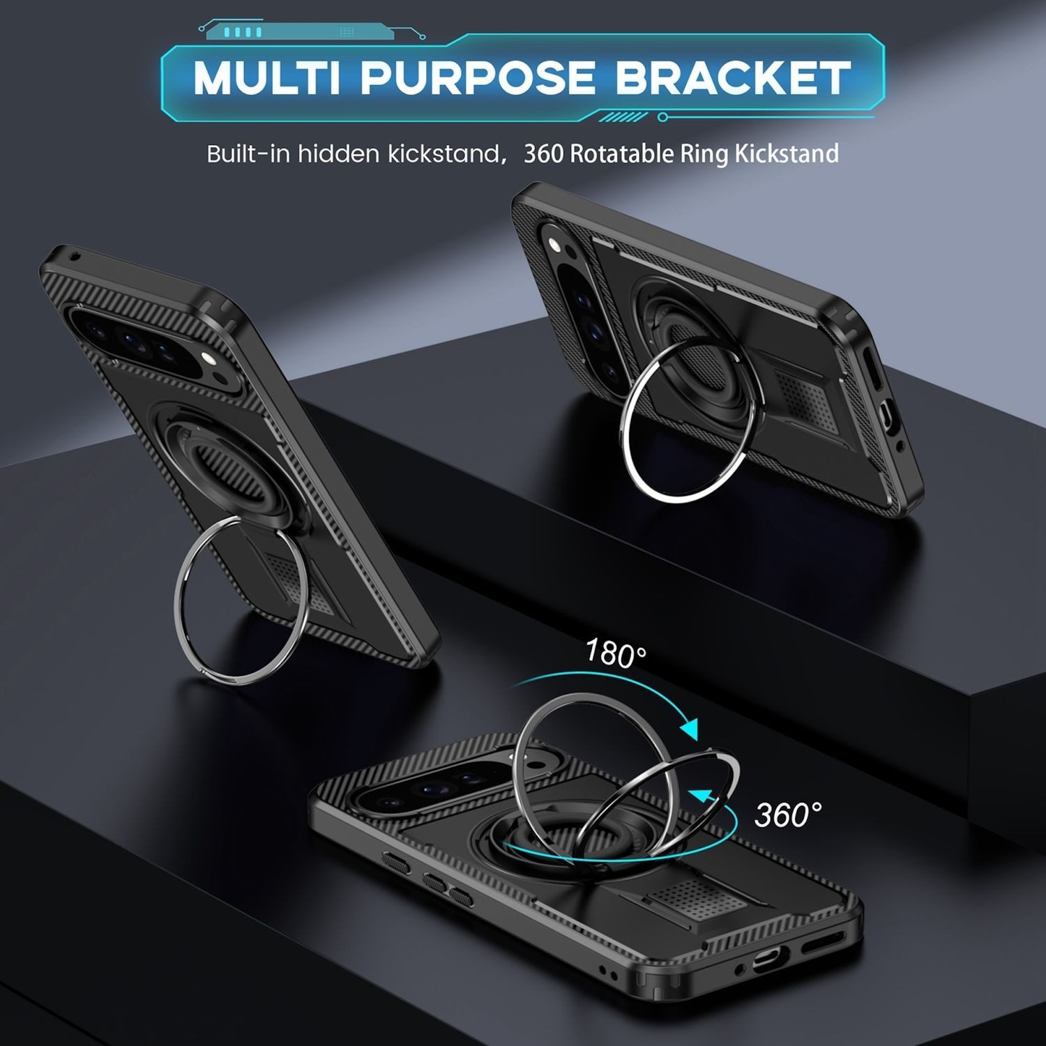 Wigento Handyhülle Für Google Pixel 9 Pro XL Carbonfaser Ringhalter Hybrid TPU Hülle Case, Ringhalter-Hülle mit Carbonfaser für extra Schutz