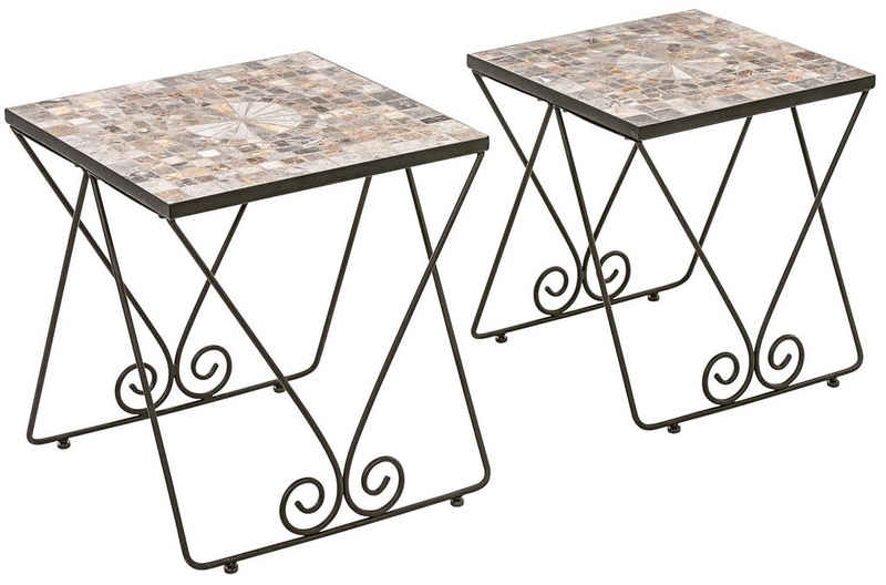 Dehner Gartenstuhl Beistelltisch 2er-Set Grazia mit Mosaik, Eisen, Set aus zwei stabilen und witterungsbeständigen Beistelltischen