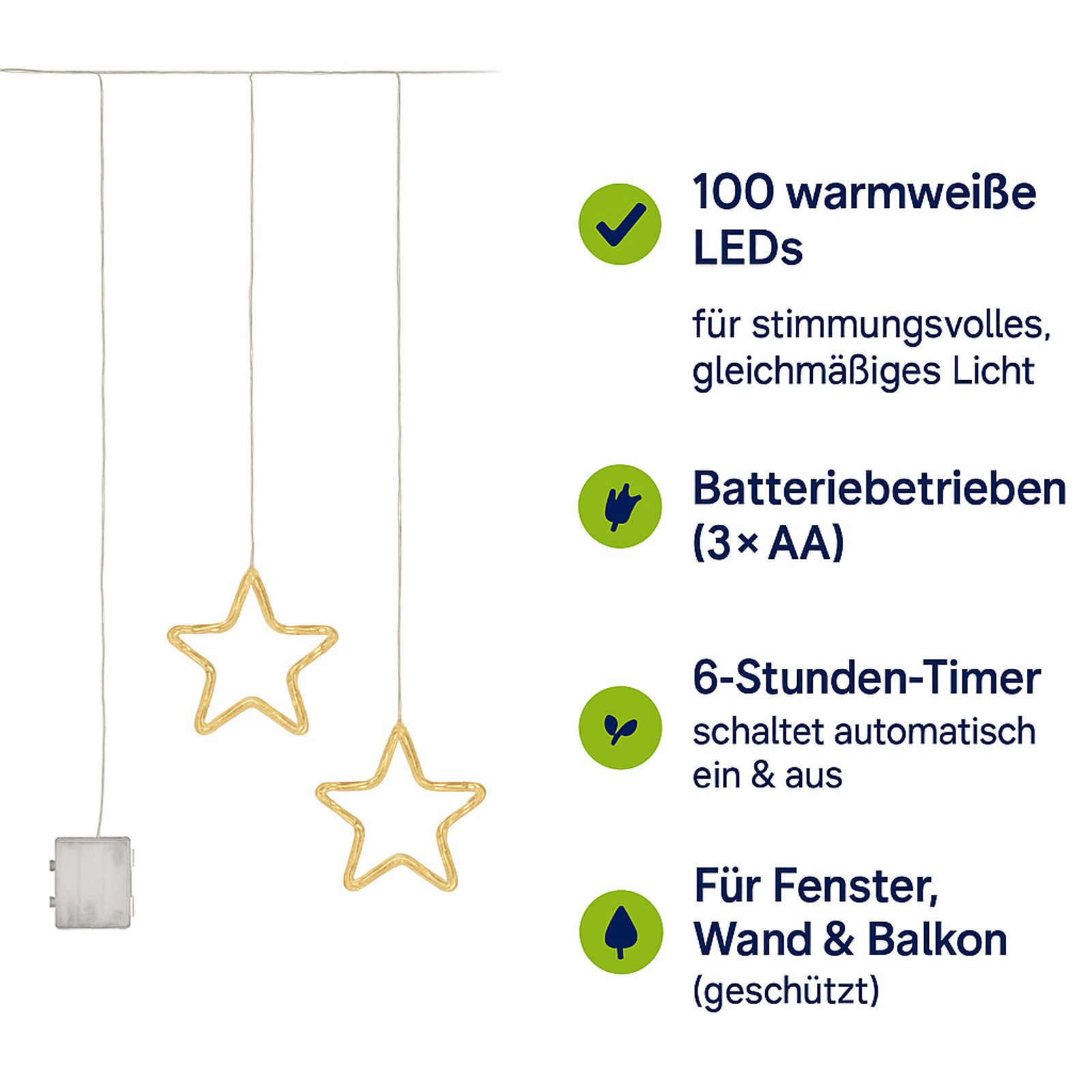 Gravidus LED-Lichtervorhang LED Sternenvorhang warmweiß 100 LEDs Batteriebetrieb Timer 100x65cm – Bild 5 von 5