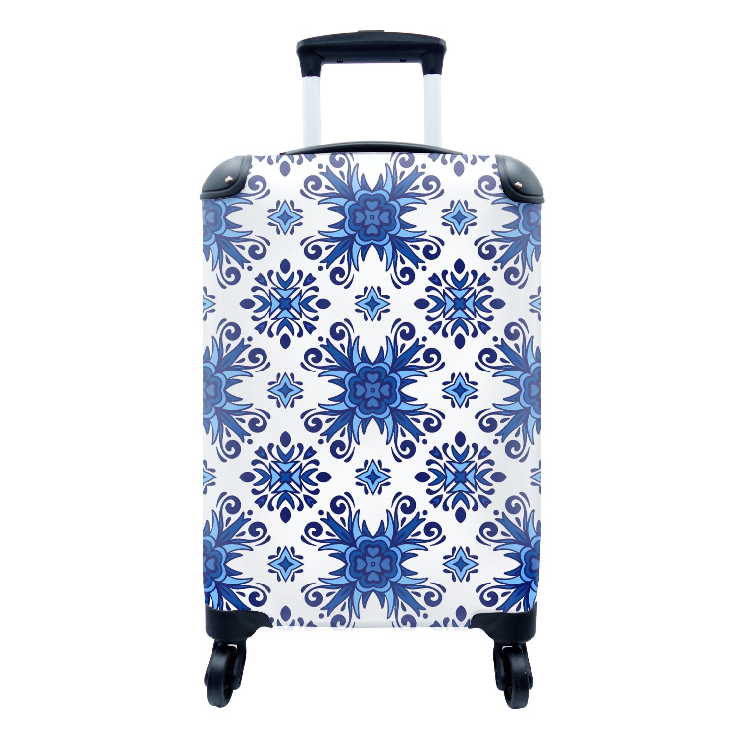 MuchoWow Handgepäckkoffer Fliese - Blume - Blau - Muster, 4 Rollen, Reisetasche mit rollen, Handgepäck für Ferien, Trolley, Reisekoffer