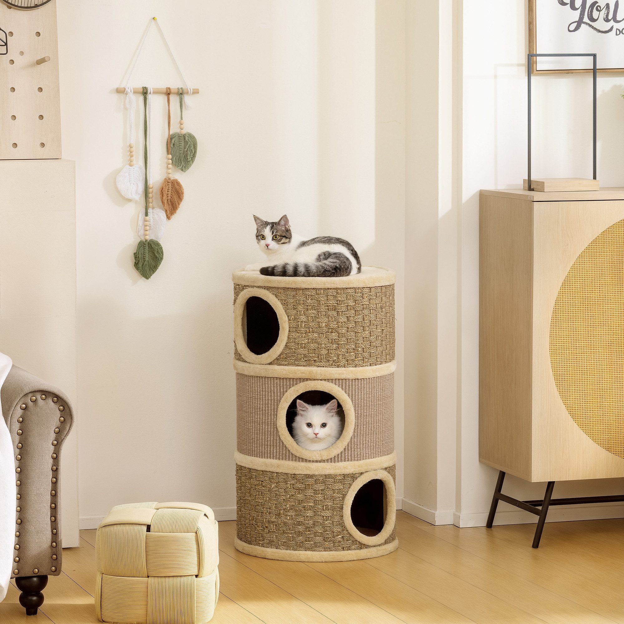 PawHut Kratztonne Katzentonne mit 3 Etagen, Kratzbaum für große Katzen, Khaki+Kaffee, (Katzenturm, 1-tlg., Dreistöckige Katzentonne mit Sisalseil, Katzenhöhle), Khaki+Braun