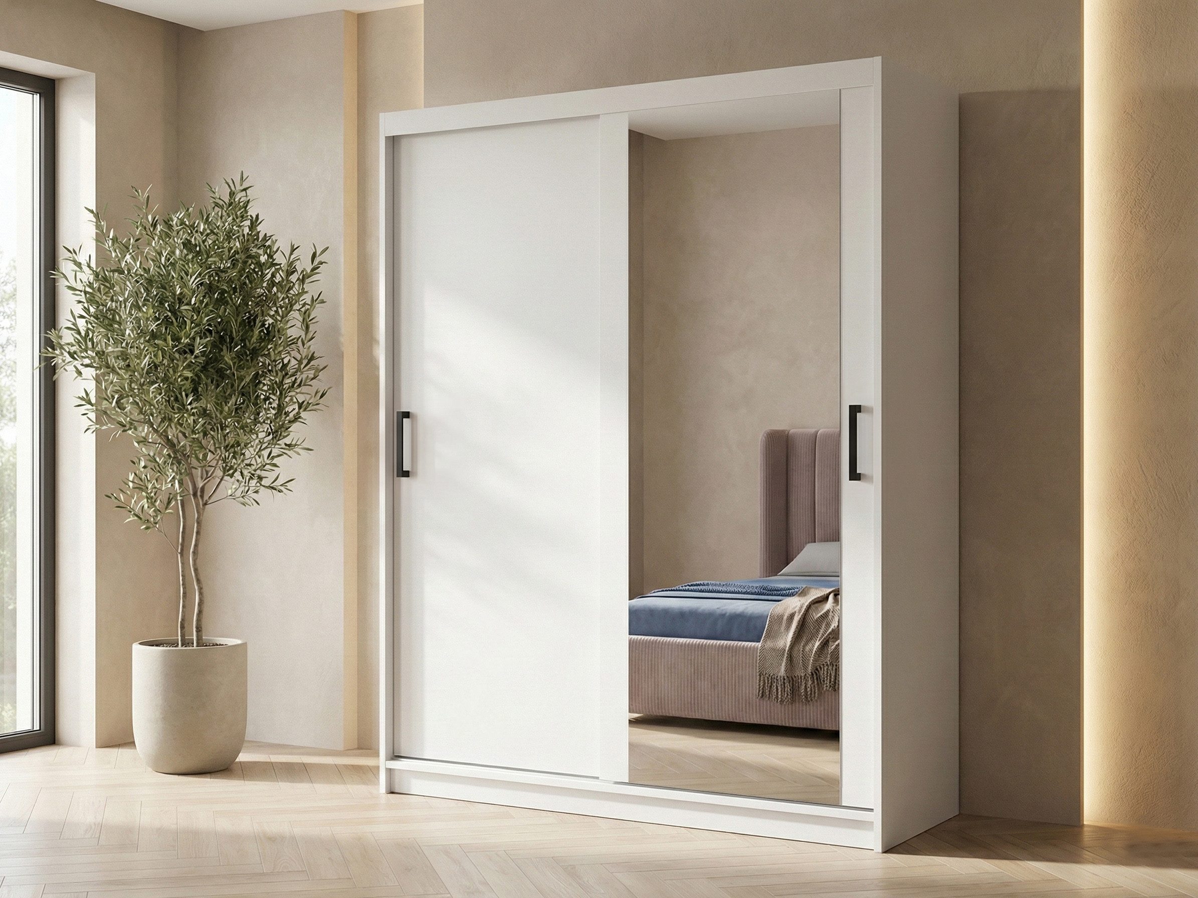 Beautysofa Kleiderschrank HELA moderner Kleiderschrank mit Spiegel (Schiebetürenschrank mit Kleiderstange und Regalböden, Schrank für Schlafzimmer, Flur & Ankleidezimmer) wahlweise ohne oder mit Schubkasteneinsätzen
