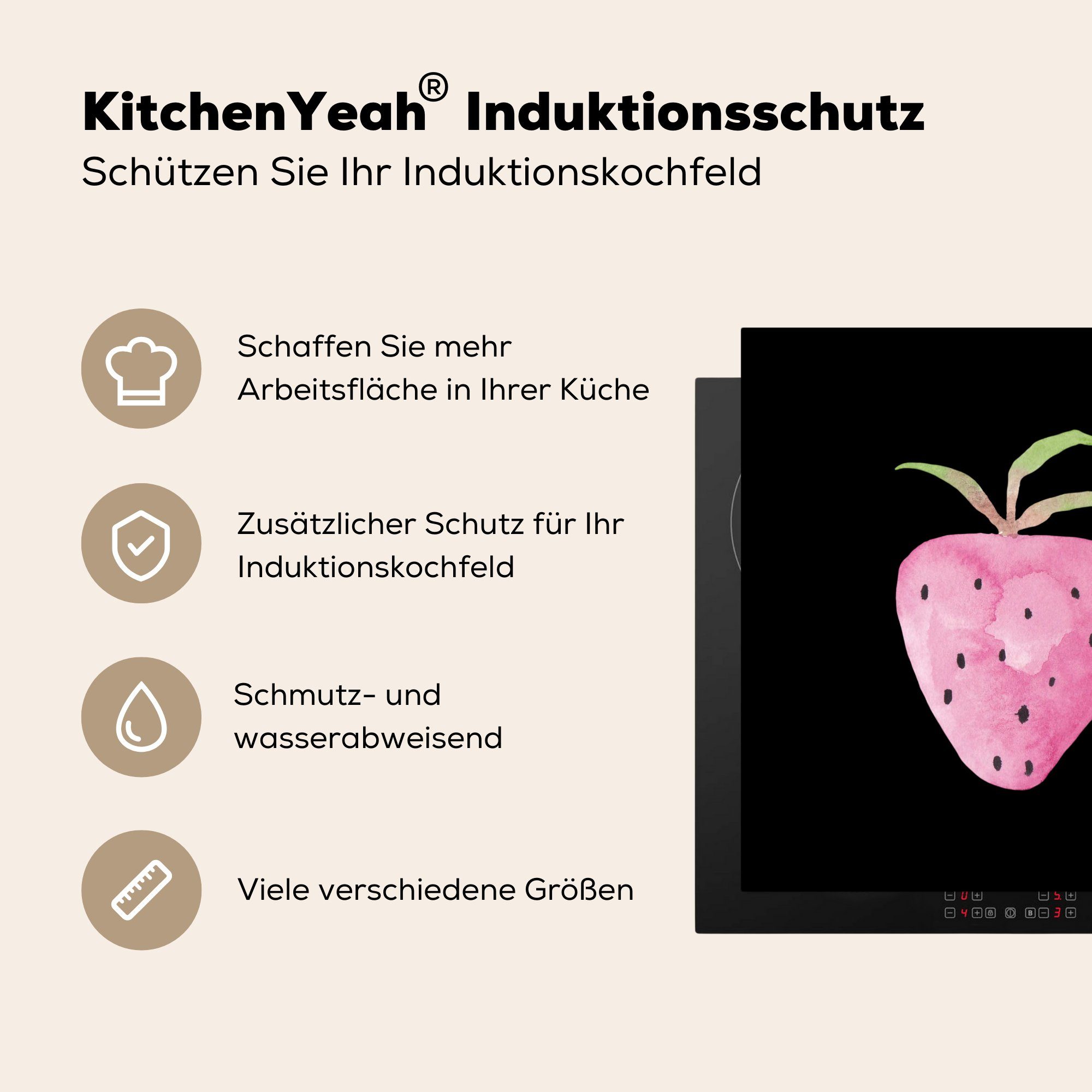 MuchoWow Herdblende-/Abdeckplatte Erdbeere - Aquarell Arbeitsplatte 78x78 Vinyl, für tlg), - (1 Schwarz, cm, Ceranfeldabdeckung, küche