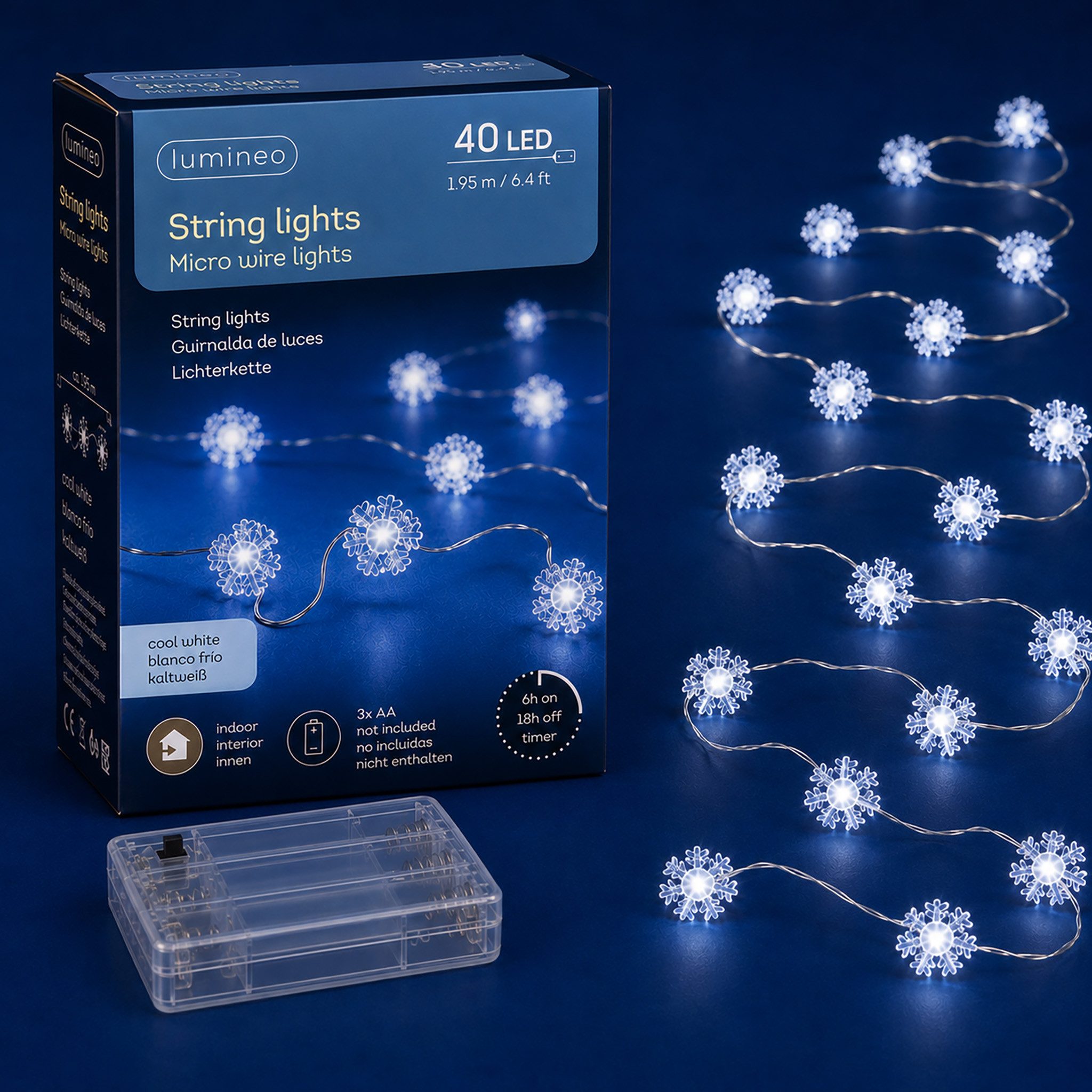 Lumineo LED-Lichterkette, LED Draht Lichterkette 1,95m mit Schneeflocken 40 Micro-LEDs Kaltweiß
